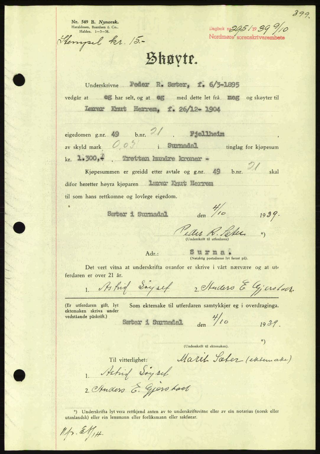 Nordmøre sorenskriveri, AV/SAT-A-4132/1/2/2Ca: Pantebok nr. A87, 1939-1940, Dagboknr: 2951/1939