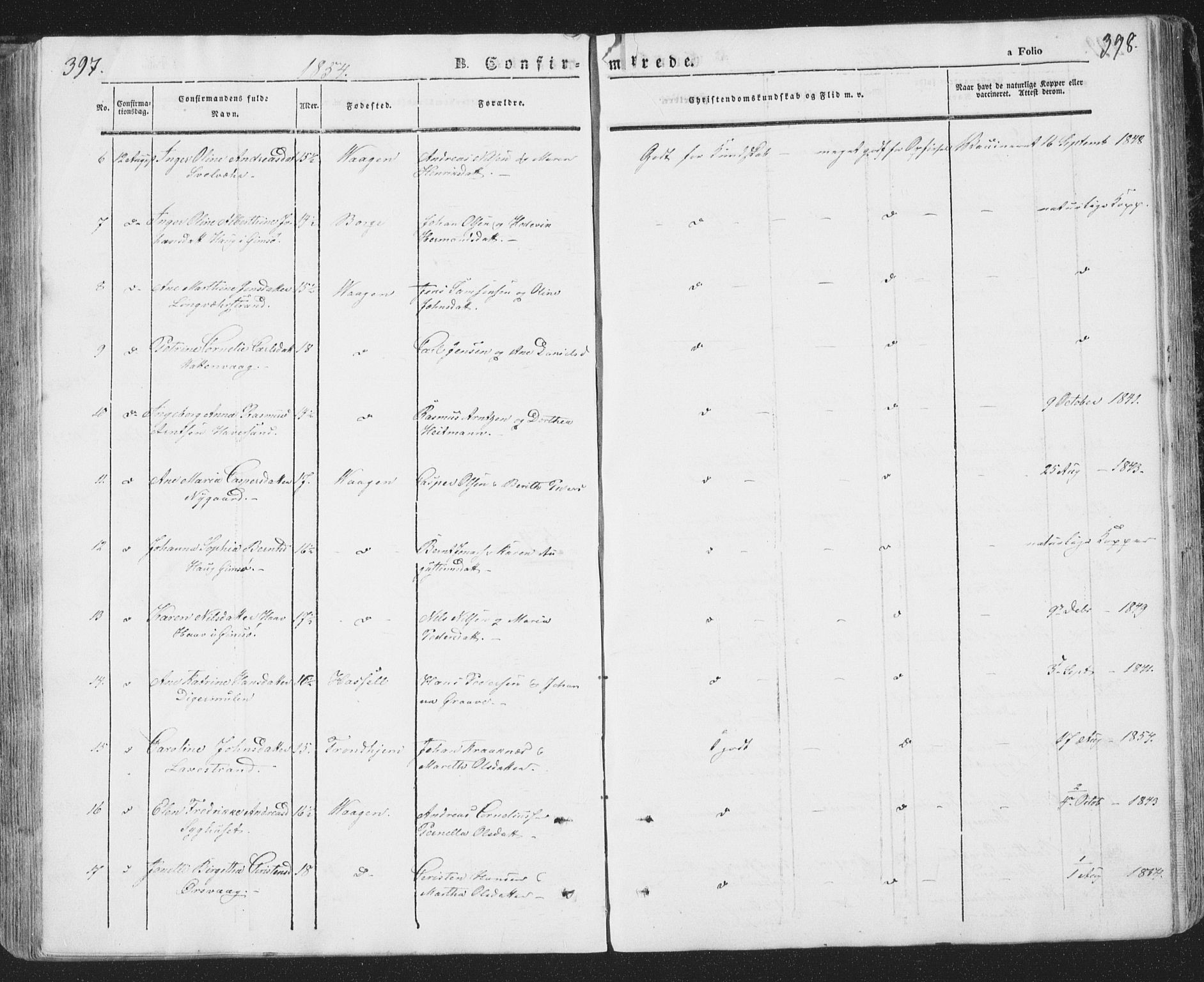 Ministerialprotokoller, klokkerbøker og fødselsregistre - Nordland, AV/SAT-A-1459/874/L1072: Klokkerbok nr. 874C01, 1843-1859, s. 397-398