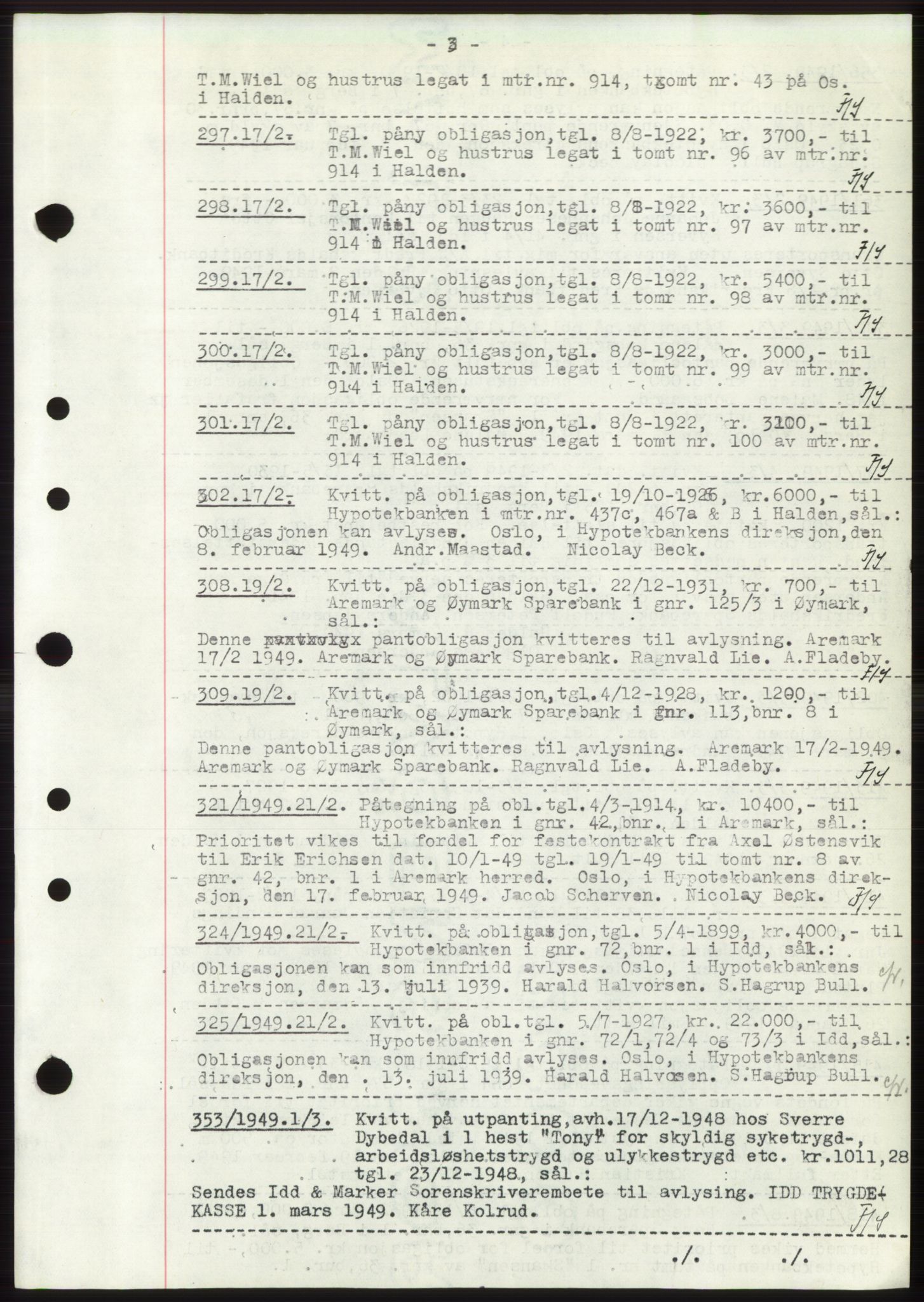 Idd og Marker sorenskriveri, AV/SAO-A-10283/G/Gb/Gbc/L0004: Pantebok nr. B10-15, 1946-1950, Dagboknr: 297/1949