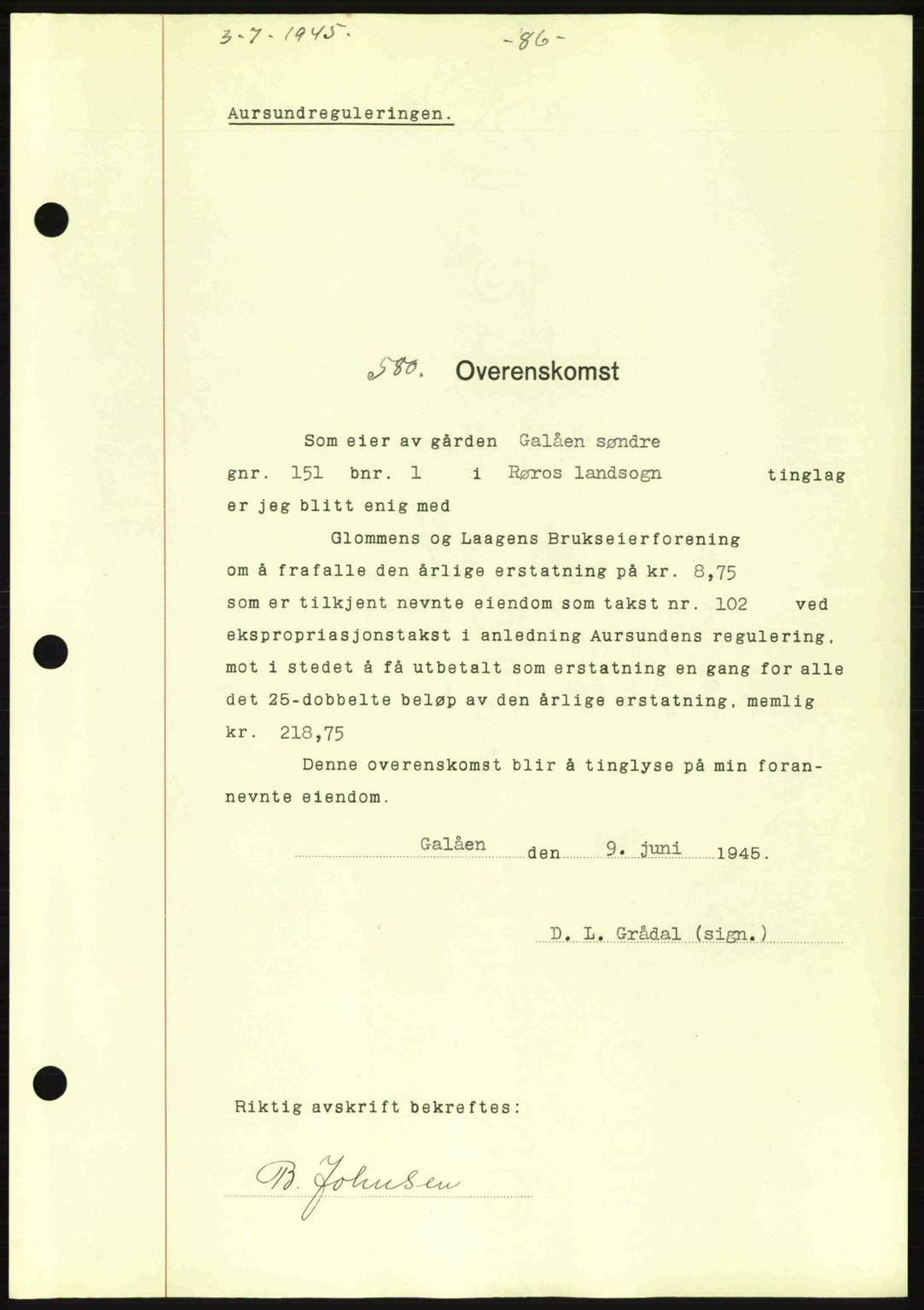 Gauldal sorenskriveri, SAT/A-0014/1/2/2C: Pantebok nr. A1a, 1945-1945, Dagboknr: 580/1945