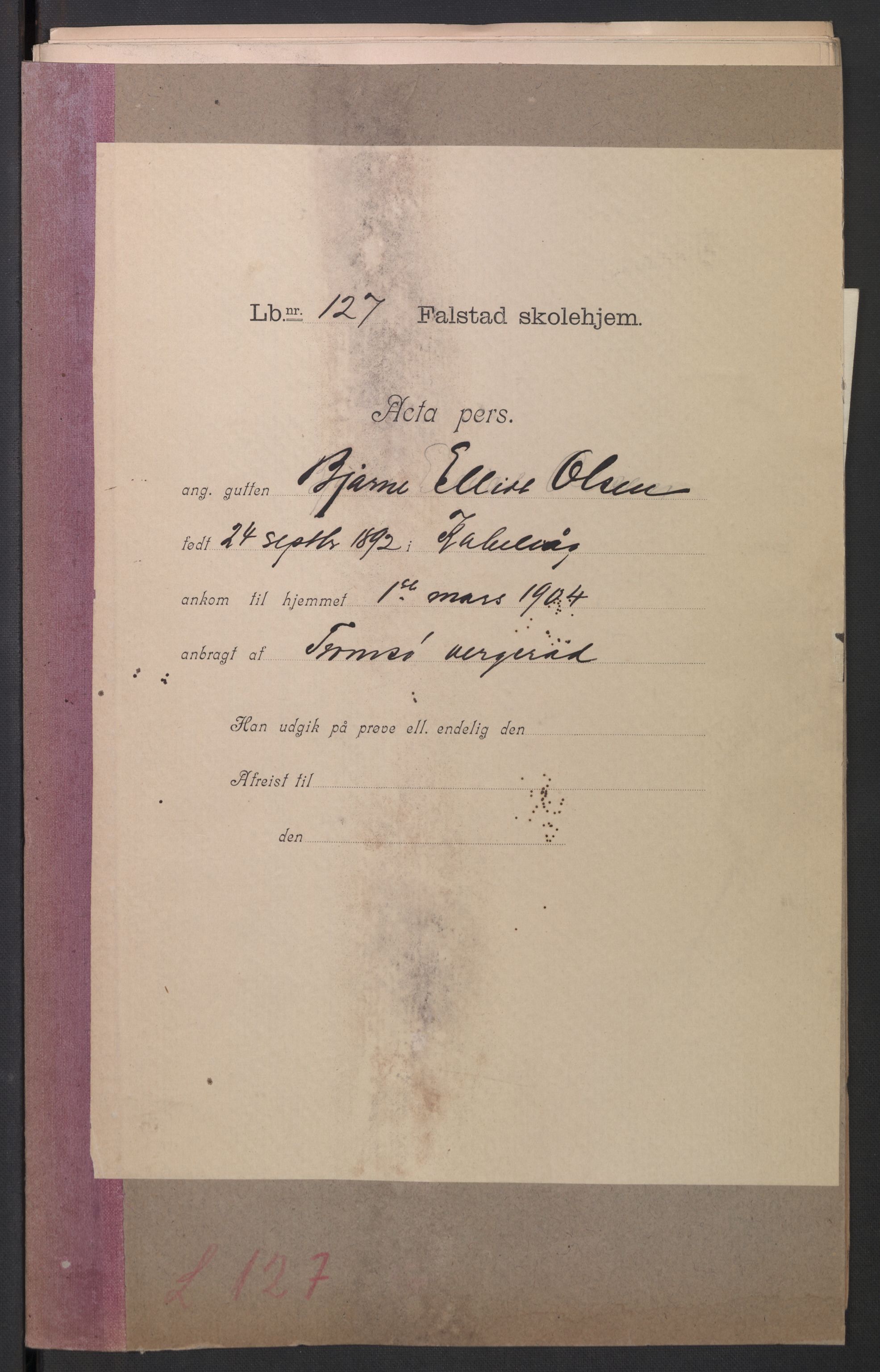 Falstad skolehjem, RA/S-1676/E/Eb/L0006: Elevmapper løpenr. 121-145, 1903-1910, s. 45