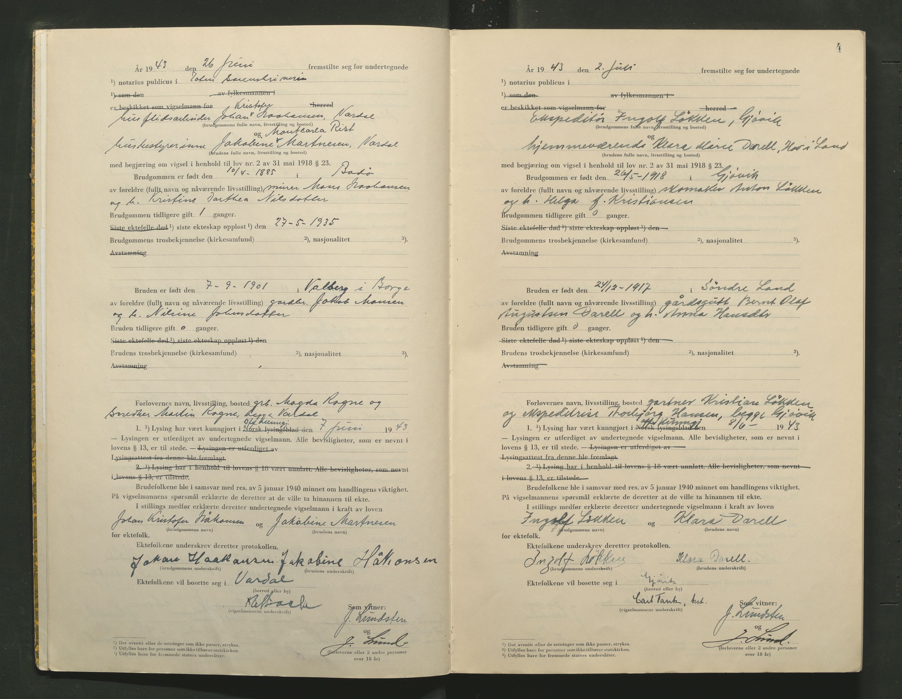 Toten tingrett, AV/SAH-TING-006/L/Lc/L0003: Vigselbok, 1943-1944, s. 4