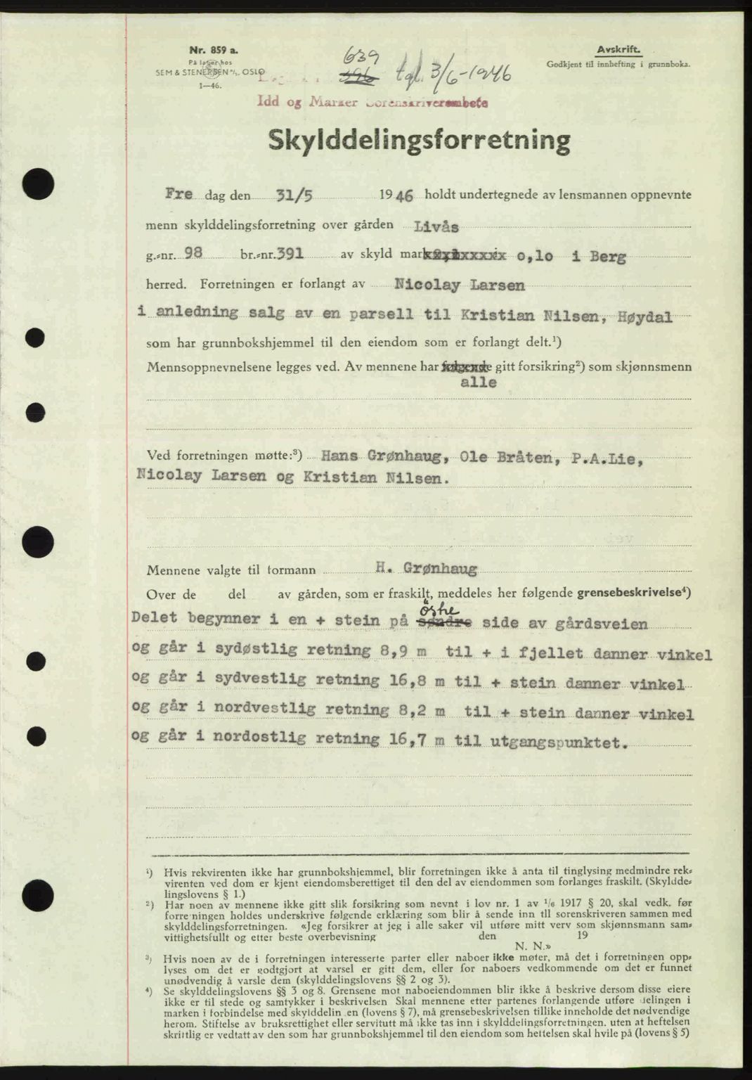 Idd og Marker sorenskriveri, SAO/A-10283/G/Gb/Gbb/L0008: Pantebok nr. A8, 1946-1946, Dagboknr: 639/1946