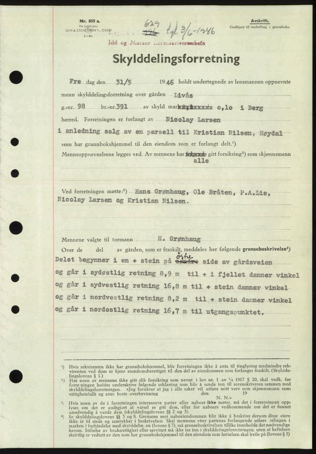 Idd og Marker sorenskriveri, AV/SAO-A-10283/G/Gb/Gbb/L0008: Pantebok nr. A8, 1946-1946, Dagboknr: 639/1946