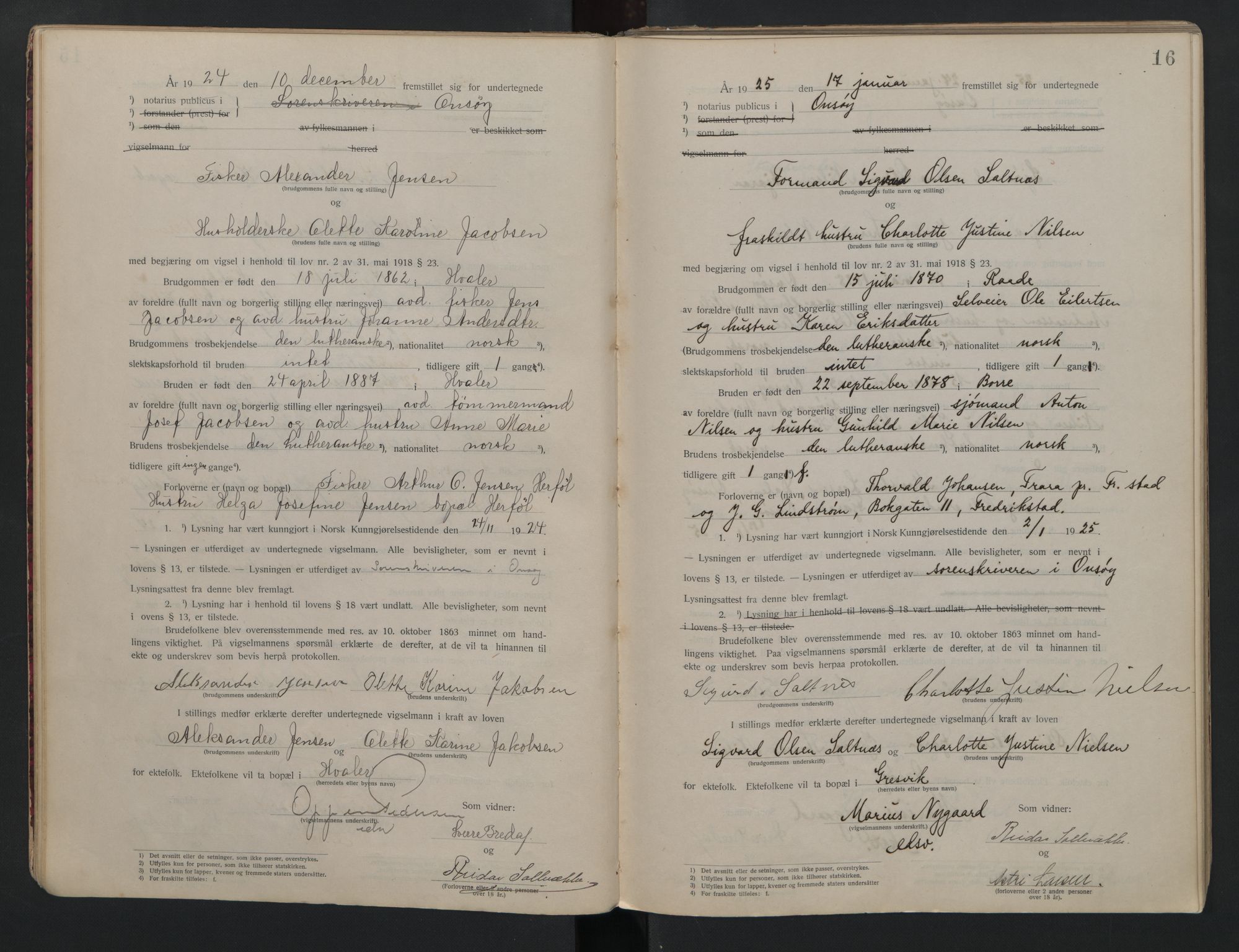 Onsøy sorenskriveri, AV/SAO-A-10474/L/La/L0001: Vigselsbok, 1920-1942, s. 16