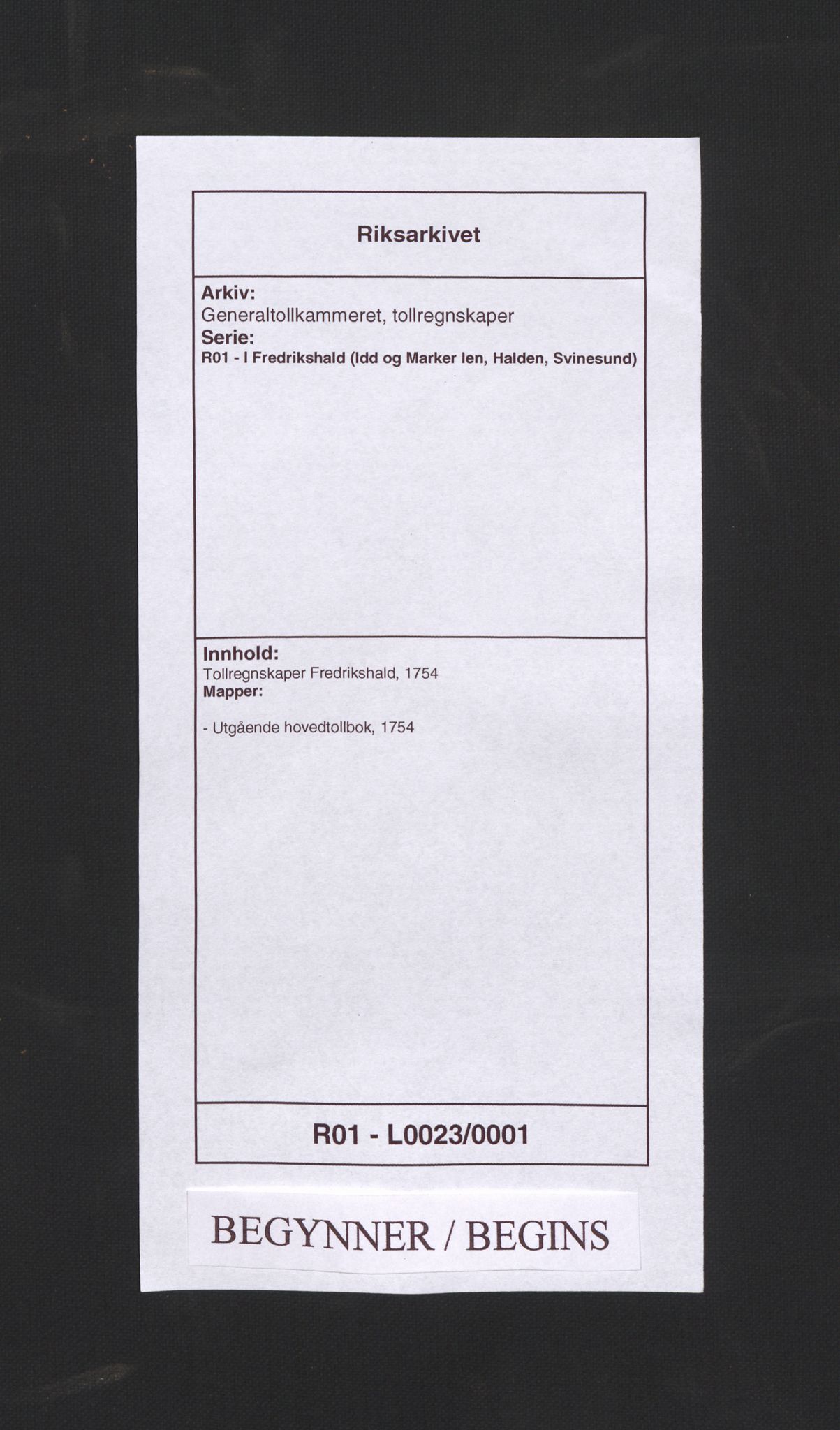 Generaltollkammeret, tollregnskaper, RA/EA-5490/R01/L0023/0001: Tollregnskaper Fredrikshald / Utgående hovedtollbok, 1754