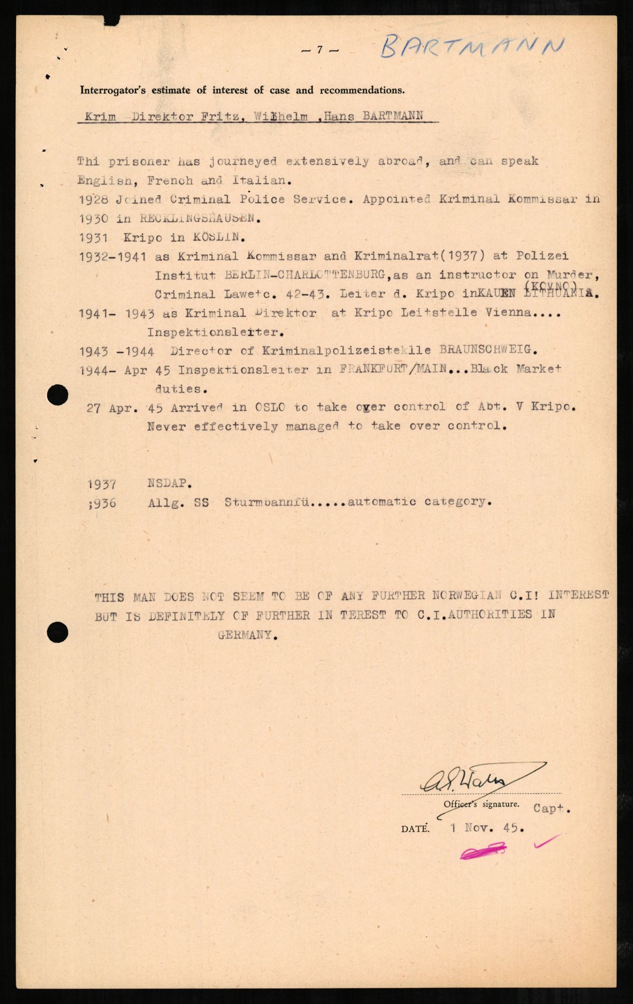 Forsvaret, Forsvarets overkommando II, RA/RAFA-3915/D/Db/L0002: CI Questionaires. Tyske okkupasjonsstyrker i Norge. Tyskere., 1945-1946, s. 170