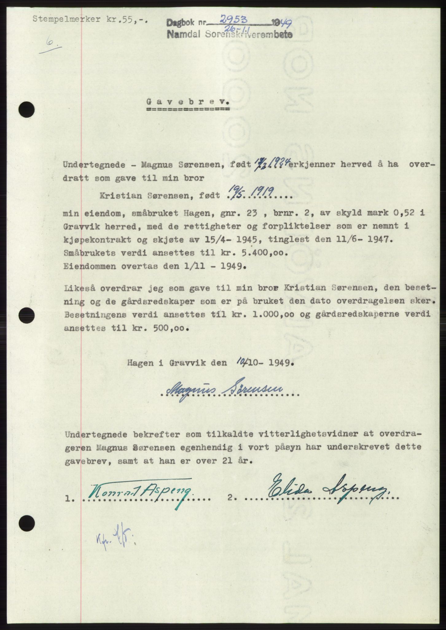 Namdal sorenskriveri, SAT/A-4133/1/2/2C: Pantebok nr. -, 1949-1949, Dagboknr: 2953/1949