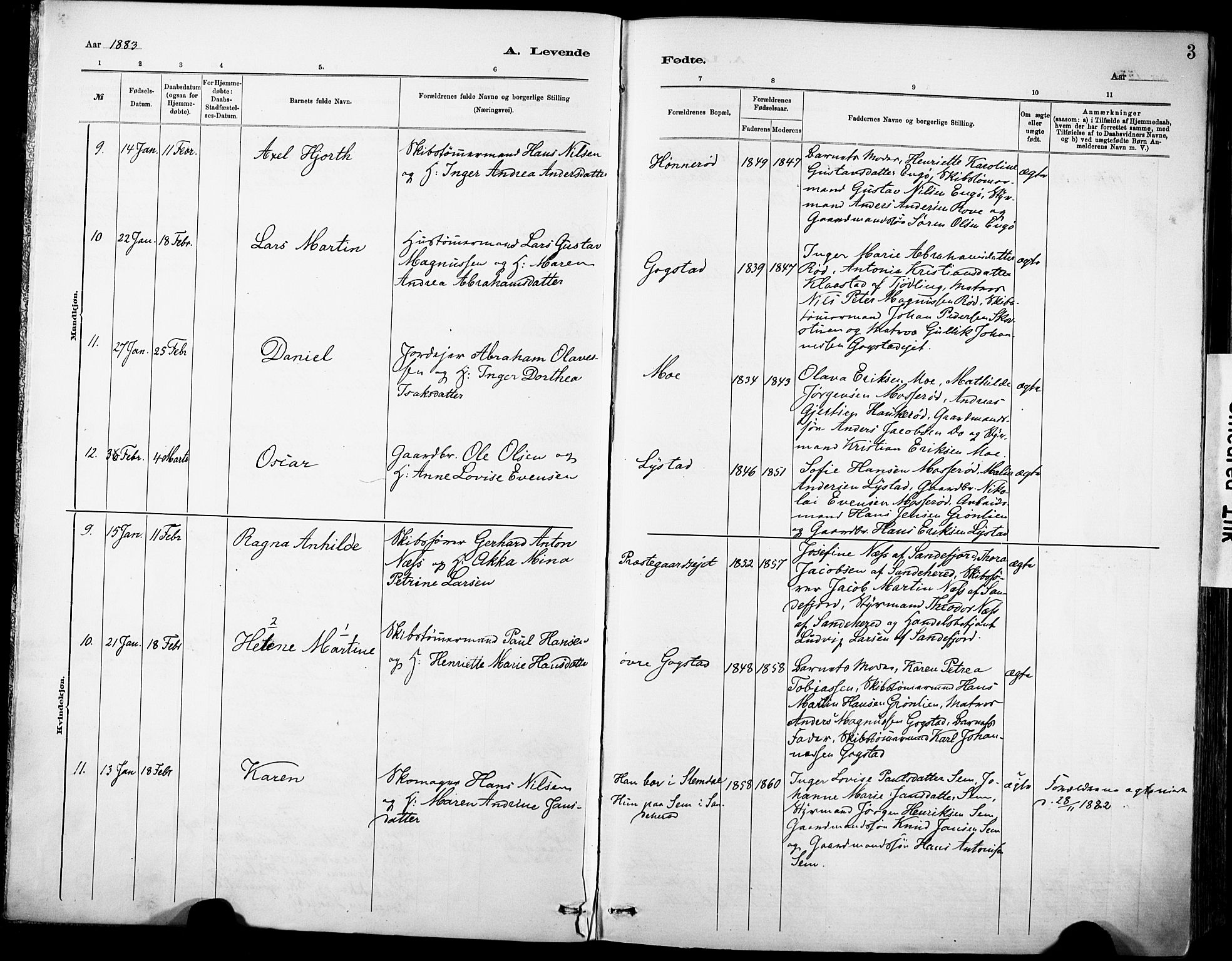 Sandar kirkebøker, AV/SAKO-A-243/F/Fa/L0012: Ministerialbok nr. 12, 1883-1895, s. 3
