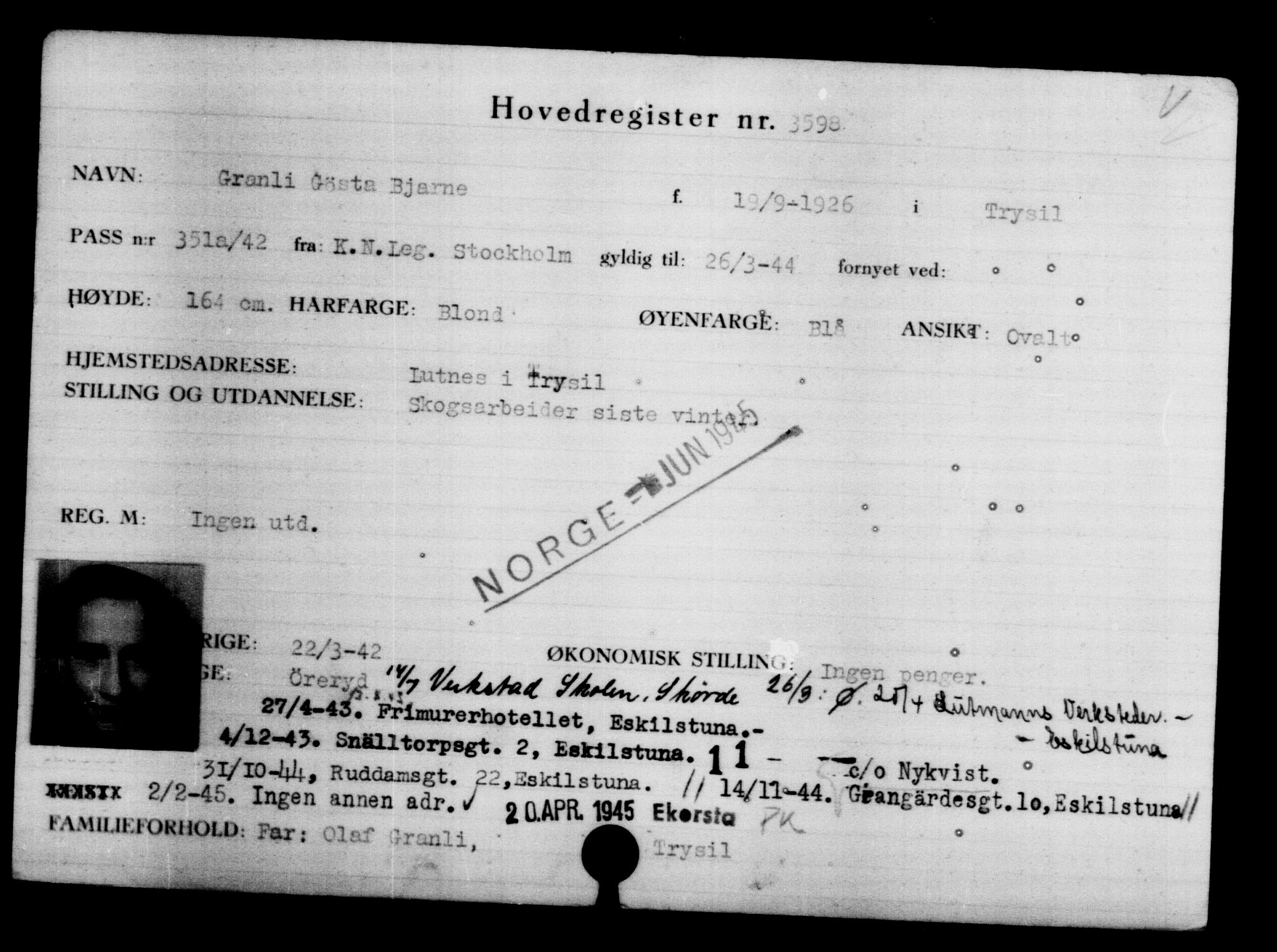 Utenriksstasjonene, Legasjonen i Stockholm, Flyktningkontoret, AV/RA-S-6753/V/Va/L0004: Kjesäterkartoteket, flyktninger med registreringsnr. 3496-6610, 1940-1945, s. 117