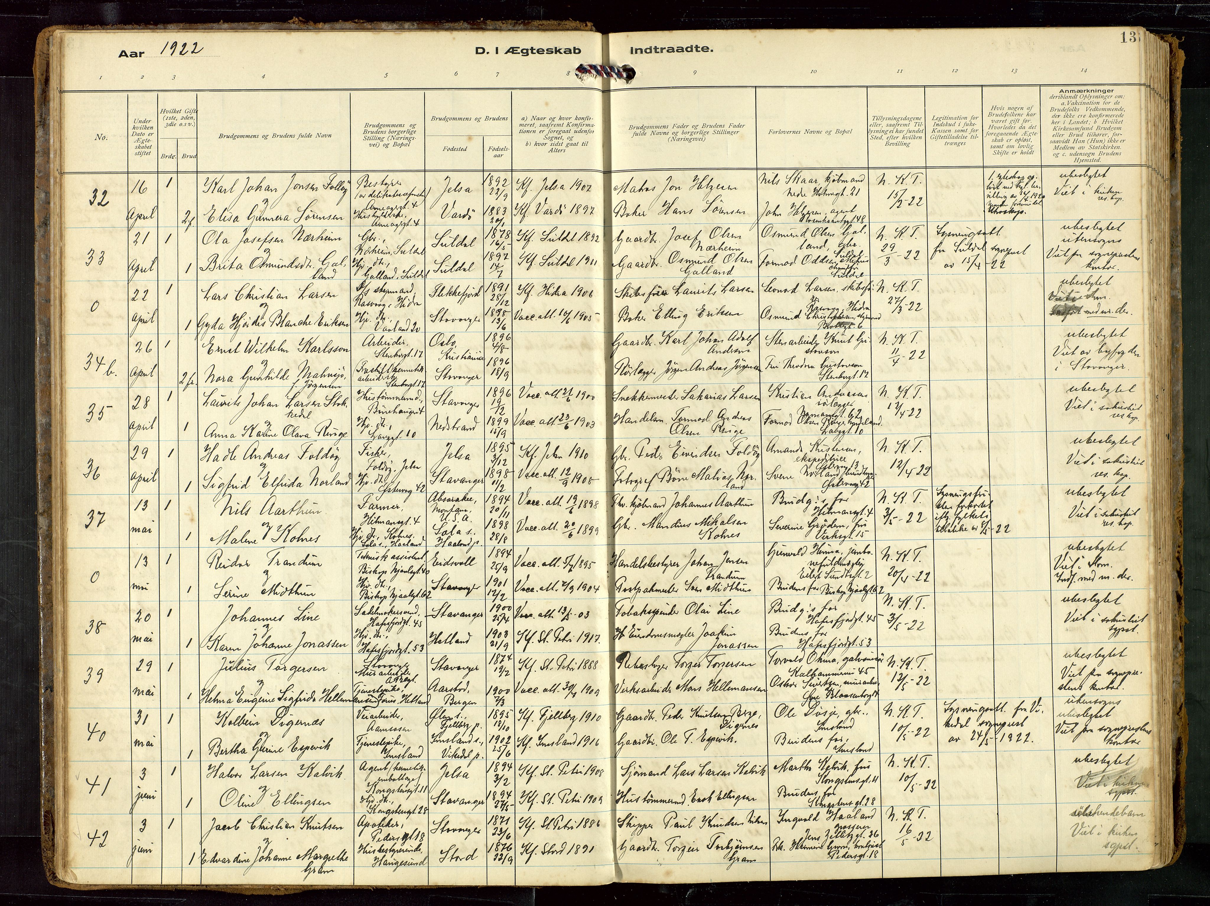 St. Petri sokneprestkontor, AV/SAST-A-101813/002/D/L0002: Ministerialbok nr. A 27, 1921-1942, s. 13