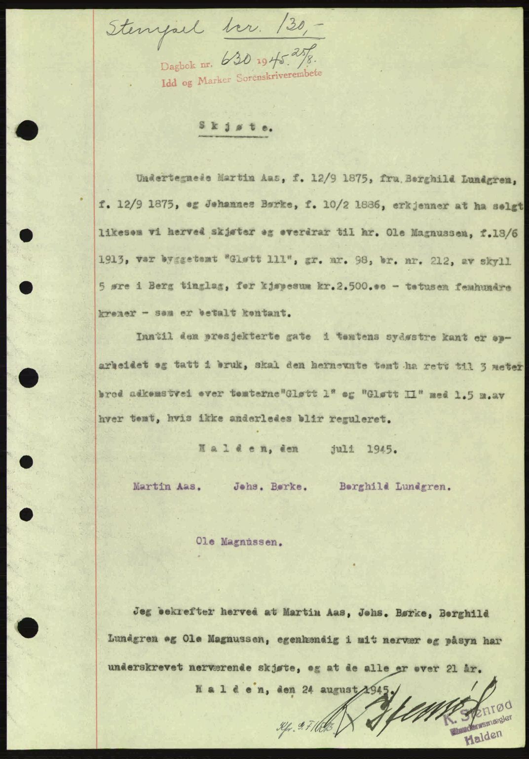 Idd og Marker sorenskriveri, AV/SAO-A-10283/G/Gb/Gbb/L0007: Pantebok nr. A7, 1944-1945, Dagboknr: 630/1945