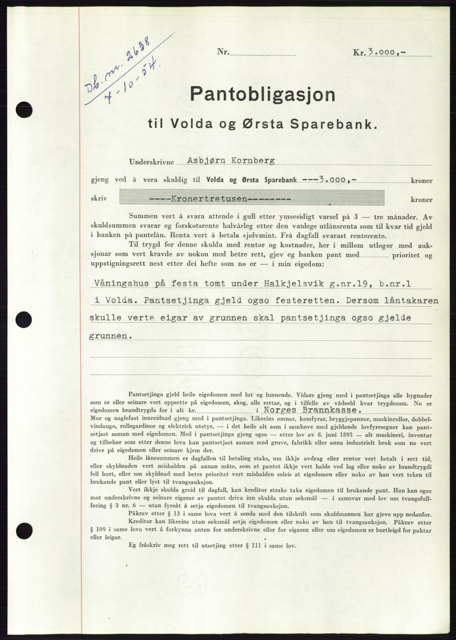 Søre Sunnmøre sorenskriveri, AV/SAT-A-4122/1/2/2C/L0126: Pantebok nr. 14B, 1954-1955, Dagboknr: 2638/1954