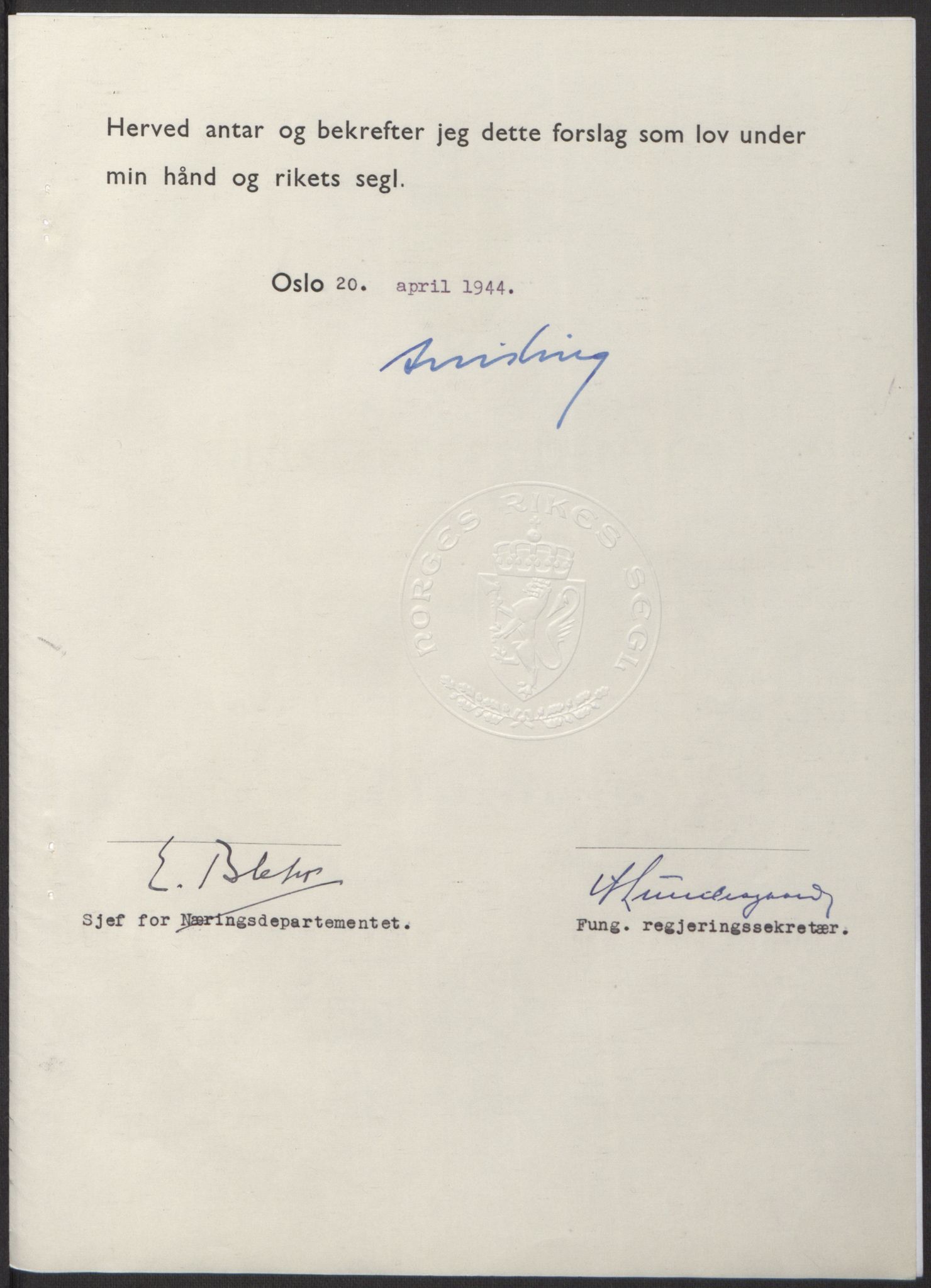 NS-administrasjonen 1940-1945 (Statsrådsekretariatet, de kommisariske statsråder mm), RA/S-4279/D/Db/L0100: Lover, 1944, s. 180