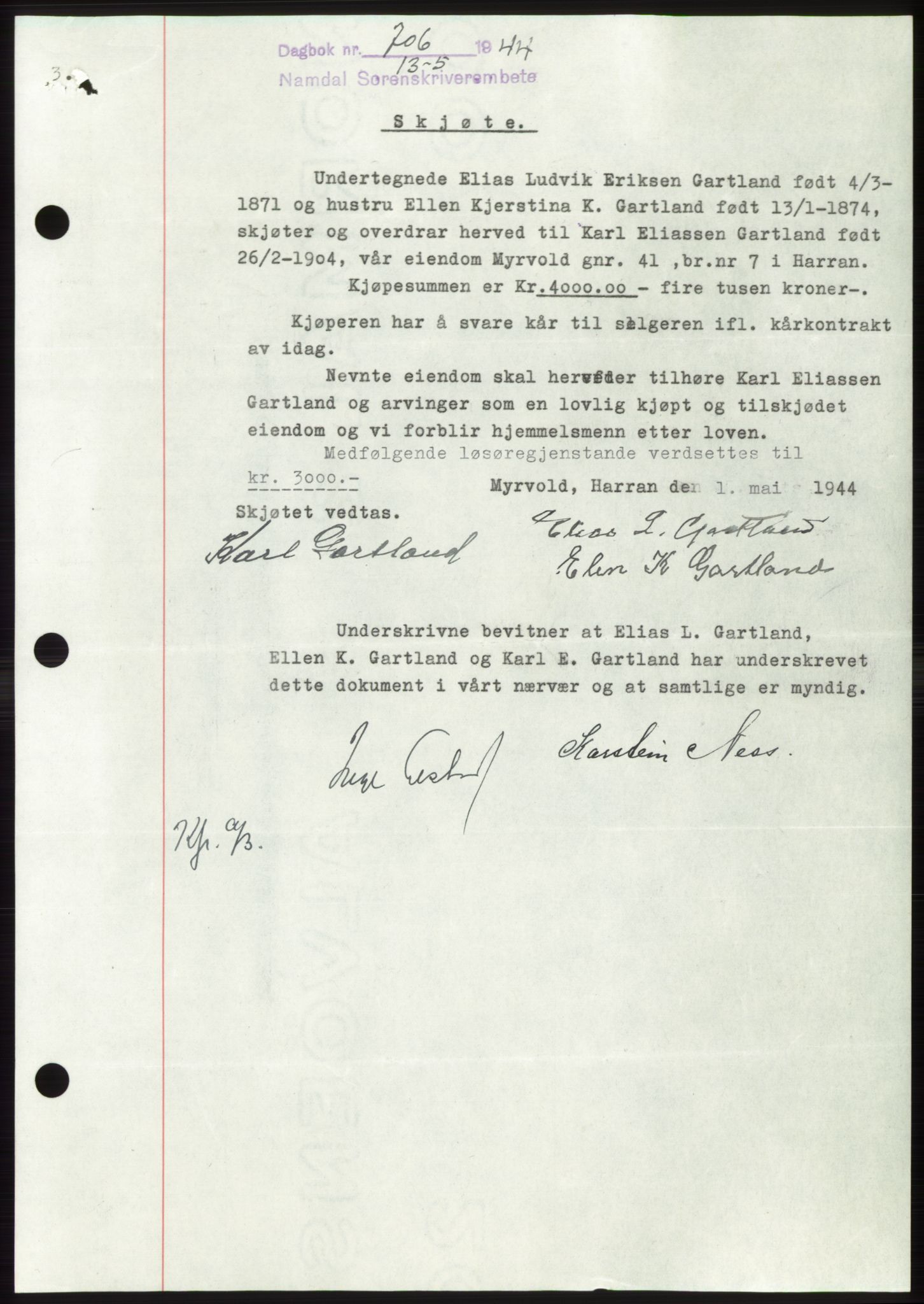 Namdal sorenskriveri, SAT/A-4133/1/2/2C: Pantebok nr. -, 1944-1945, Dagboknr: 706/1944