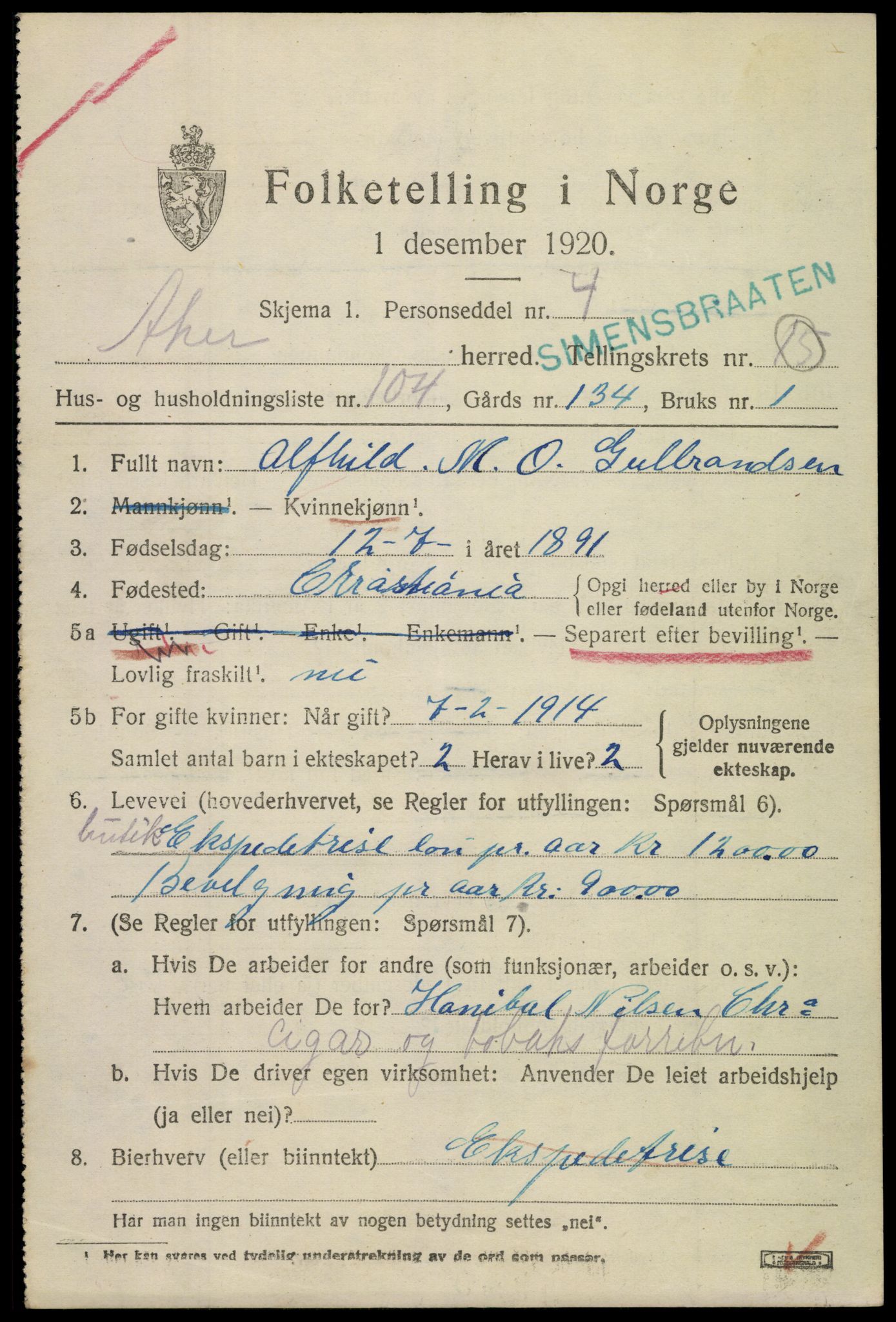 SAO, Folketelling 1920 for 0218 Aker herred, 1920, s. 91142