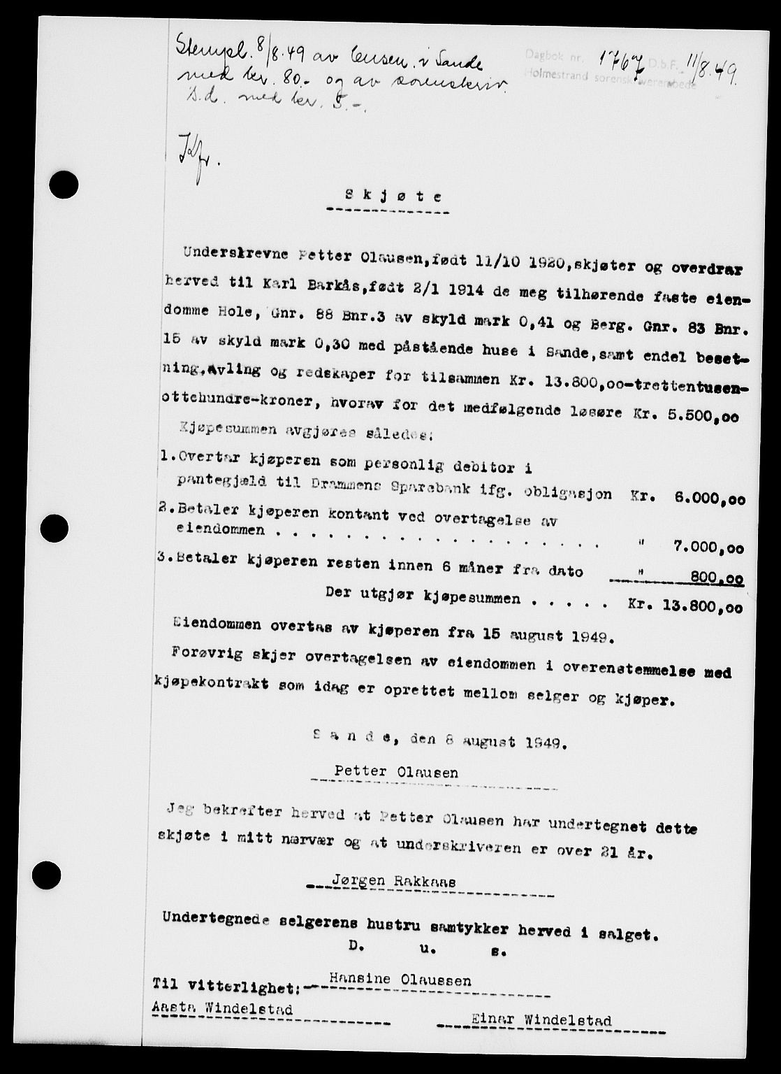 Holmestrand sorenskriveri, SAKO/A-67/G/Ga/Gaa/L0067: Pantebok nr. A-67, 1949-1949, Dagboknr: 1767/1949