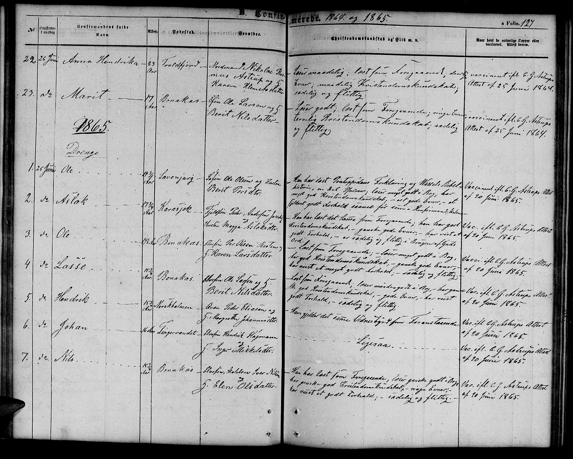 Tana sokneprestkontor, AV/SATØ-S-1334/H/Hb/L0001klokker: Klokkerbok nr. 1 /1, 1853-1867, s. 127