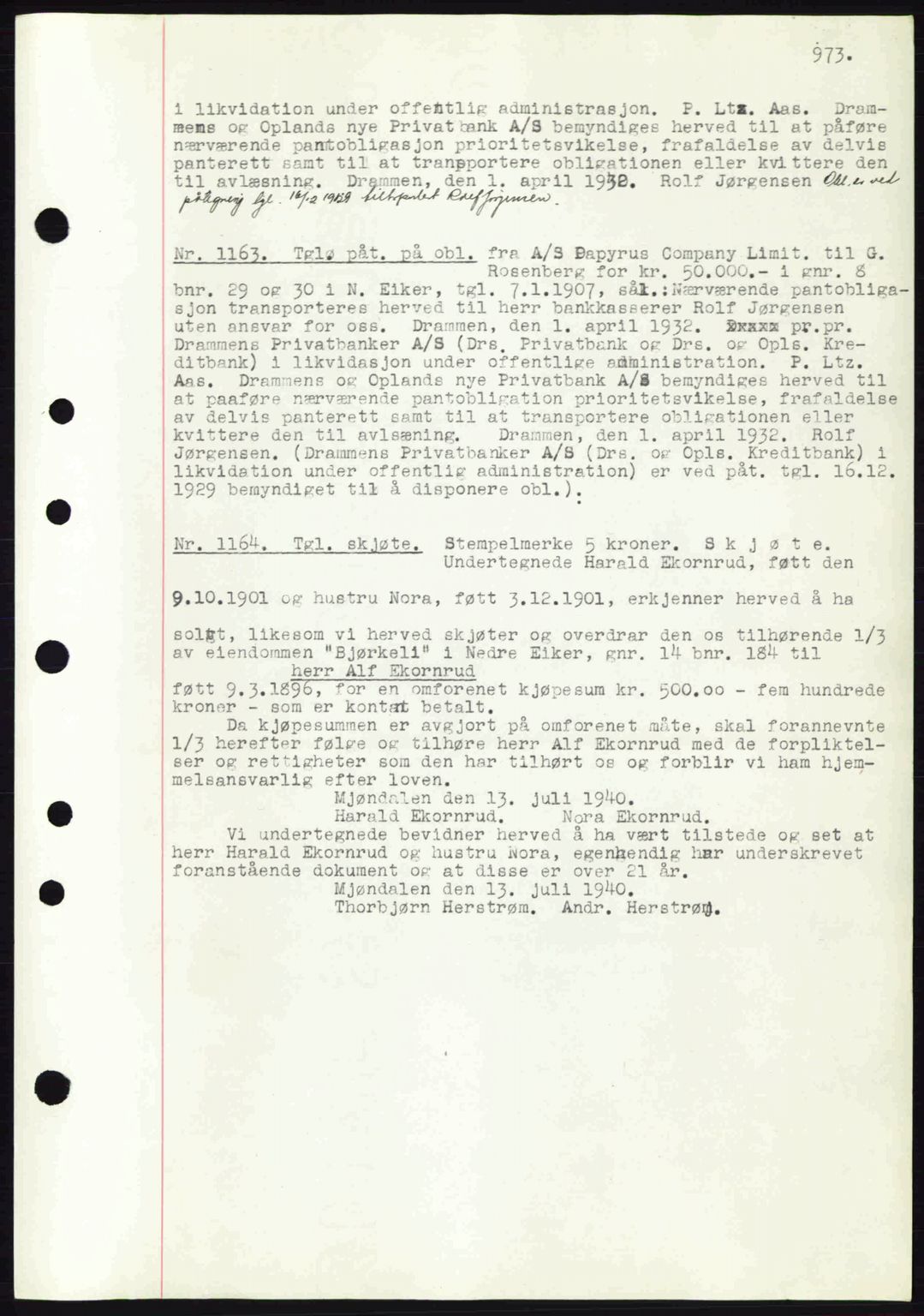 Eiker, Modum og Sigdal sorenskriveri, SAKO/A-123/G/Ga/Gab/L0041: Pantebok nr. A11, 1939-1940, Dagboknr: 1163/1940