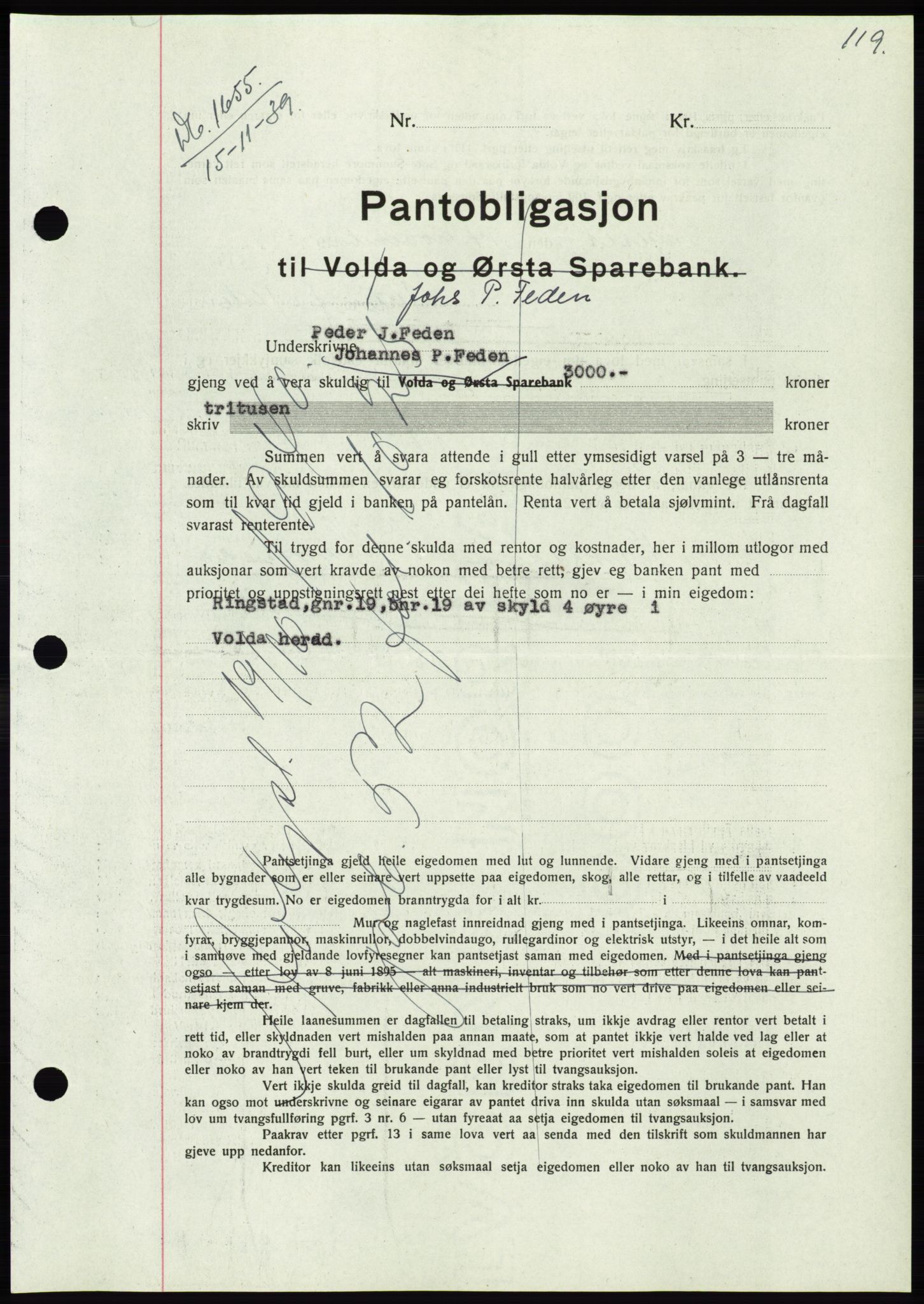 Søre Sunnmøre sorenskriveri, AV/SAT-A-4122/1/2/2C/L0069: Pantebok nr. 63, 1939-1940, Dagboknr: 1655/1939