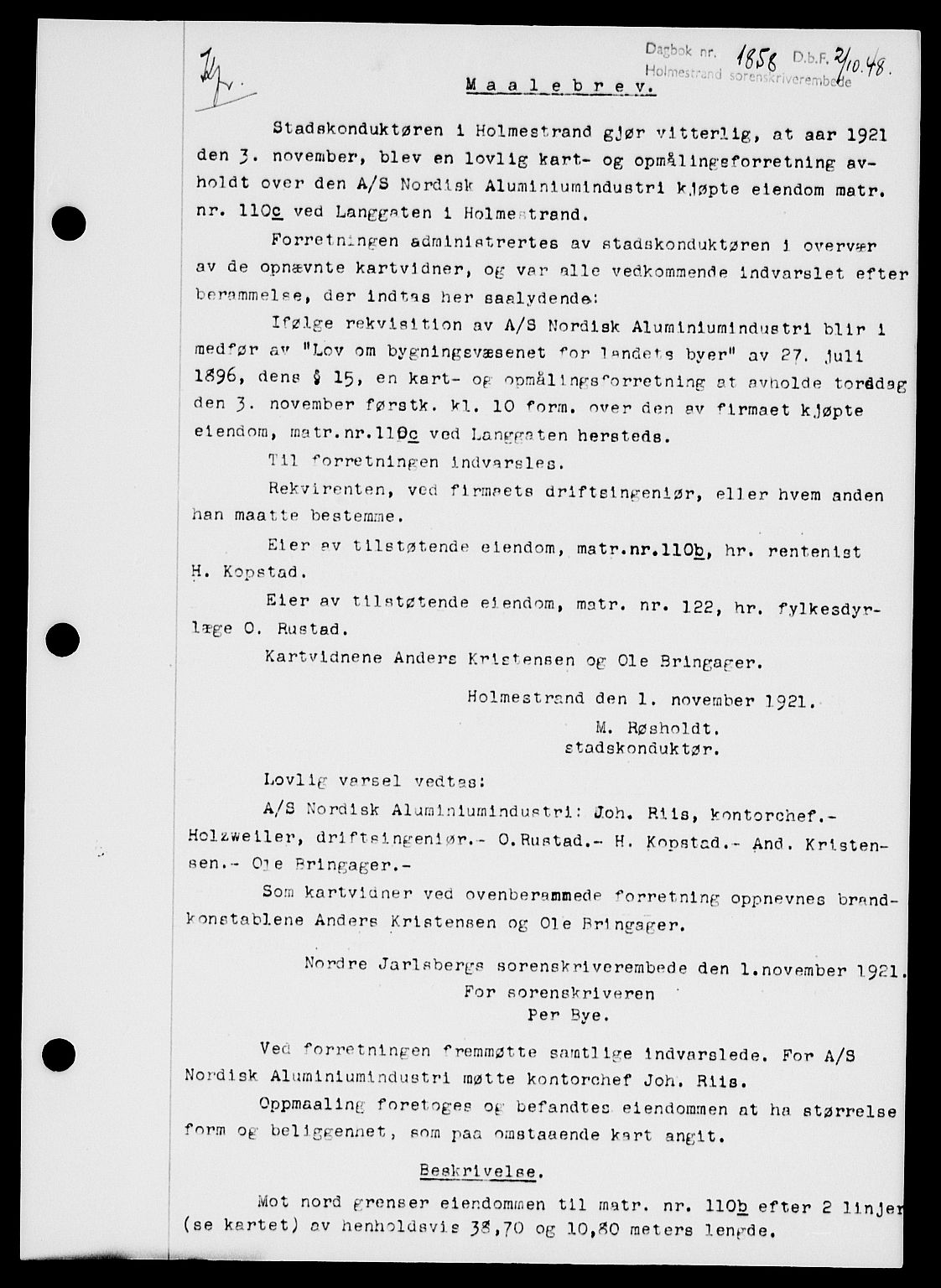 Holmestrand sorenskriveri, SAKO/A-67/G/Ga/Gaa/L0065: Pantebok nr. A-65, 1948-1949, Dagboknr: 1858/1948