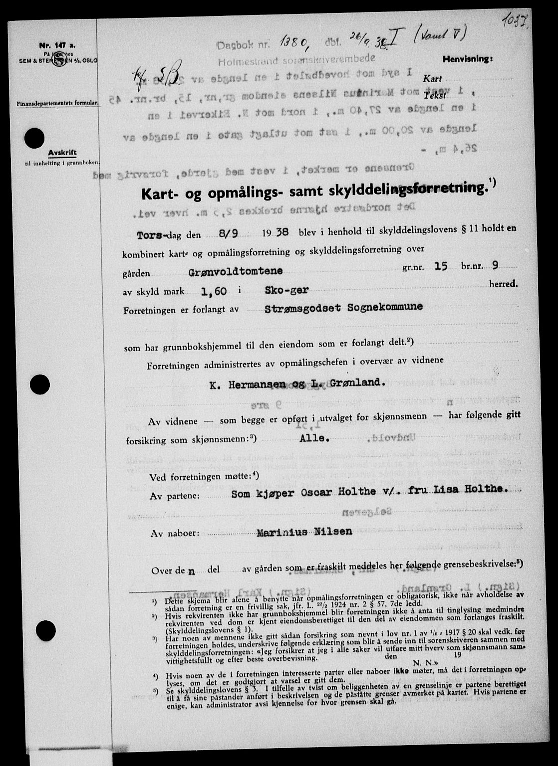 Holmestrand sorenskriveri, SAKO/A-67/G/Ga/Gaa/L0049: Pantebok nr. A-49, 1937-1938, Dagboknr: 1380/1938
