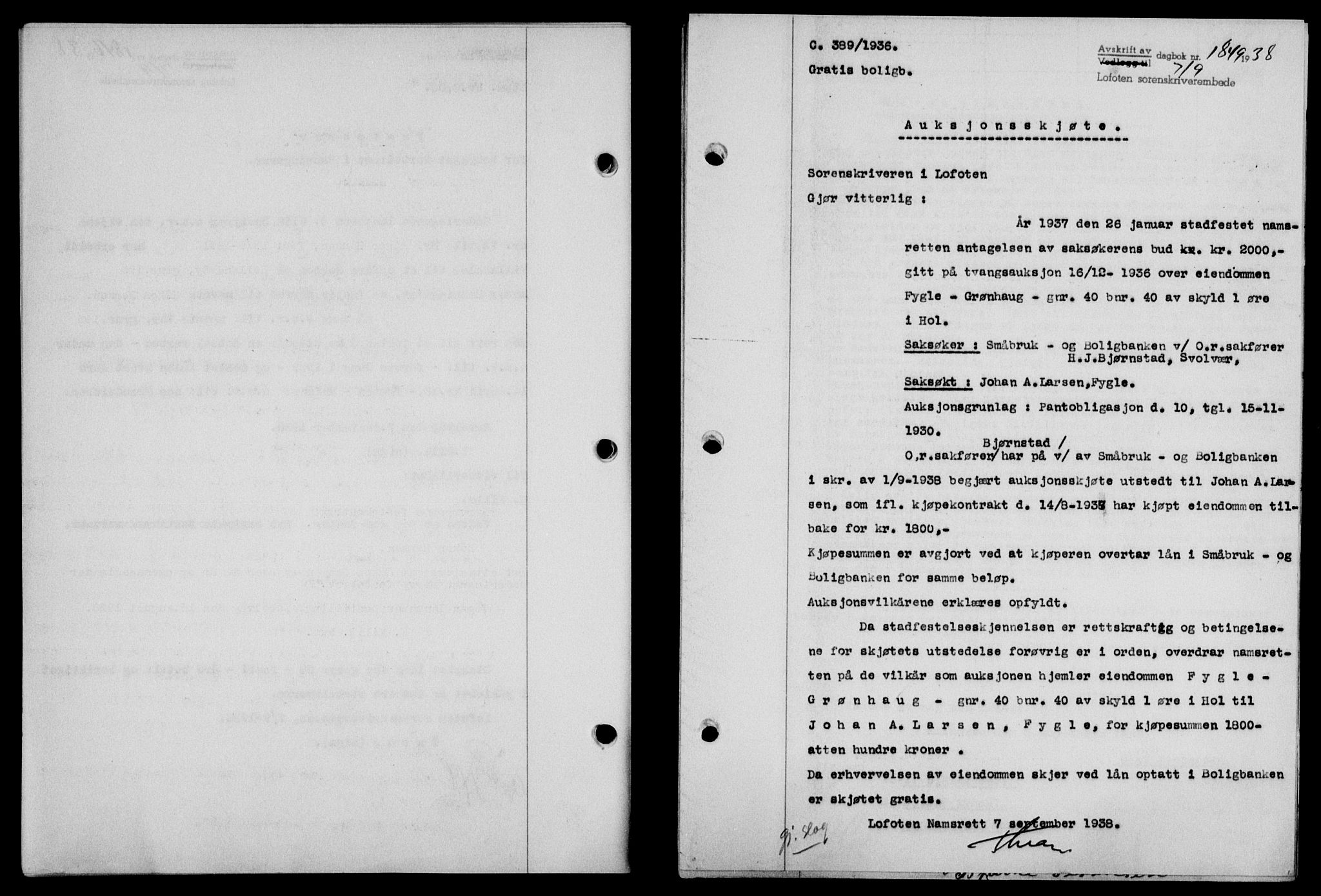 Lofoten sorenskriveri, SAT/A-0017/1/2/2C/L0004a: Pantebok nr. 4a, 1938-1938, Dagboknr: 1849/1938