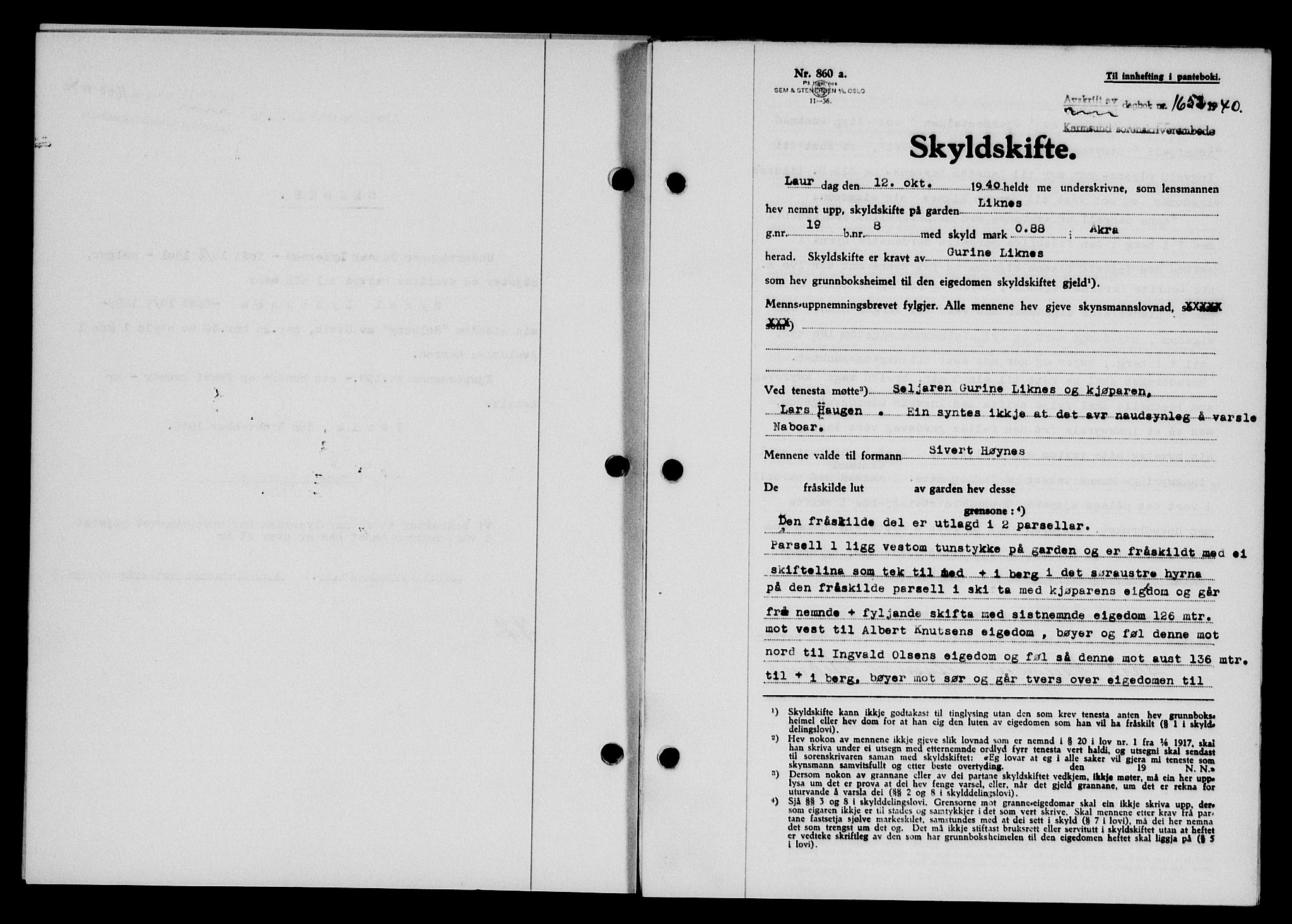 Karmsund sorenskriveri, SAST/A-100311/01/II/IIB/L0074: Pantebok nr. 55A, 1940-1941, Dagboknr: 1653/1940