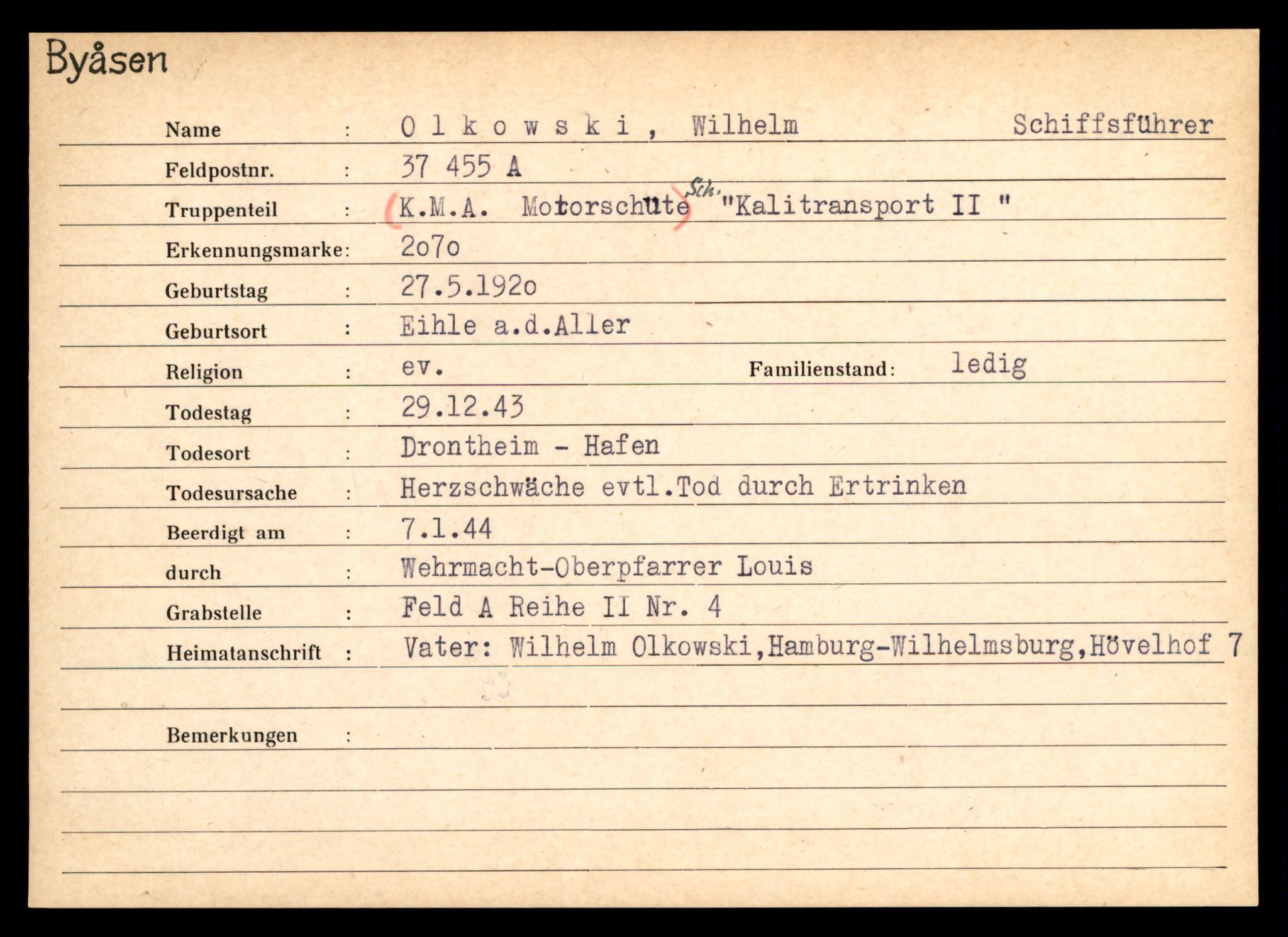 Distriktskontoret for krigsgraver, AV/SAT-A-5030/E/L0004: Kasett/kartotek over tysk Krigskirkegård på Byåsen, 1945, s. 1245