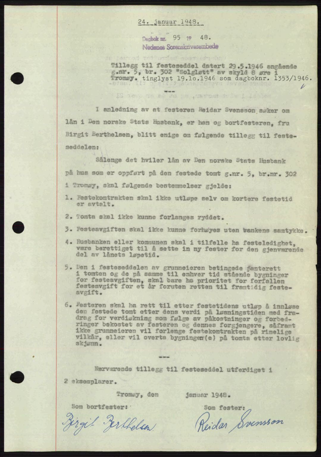 Nedenes sorenskriveri, AV/SAK-1221-0006/G/Gb/Gba/L0058: Pantebok nr. A10, 1947-1948, Dagboknr: 95/1948