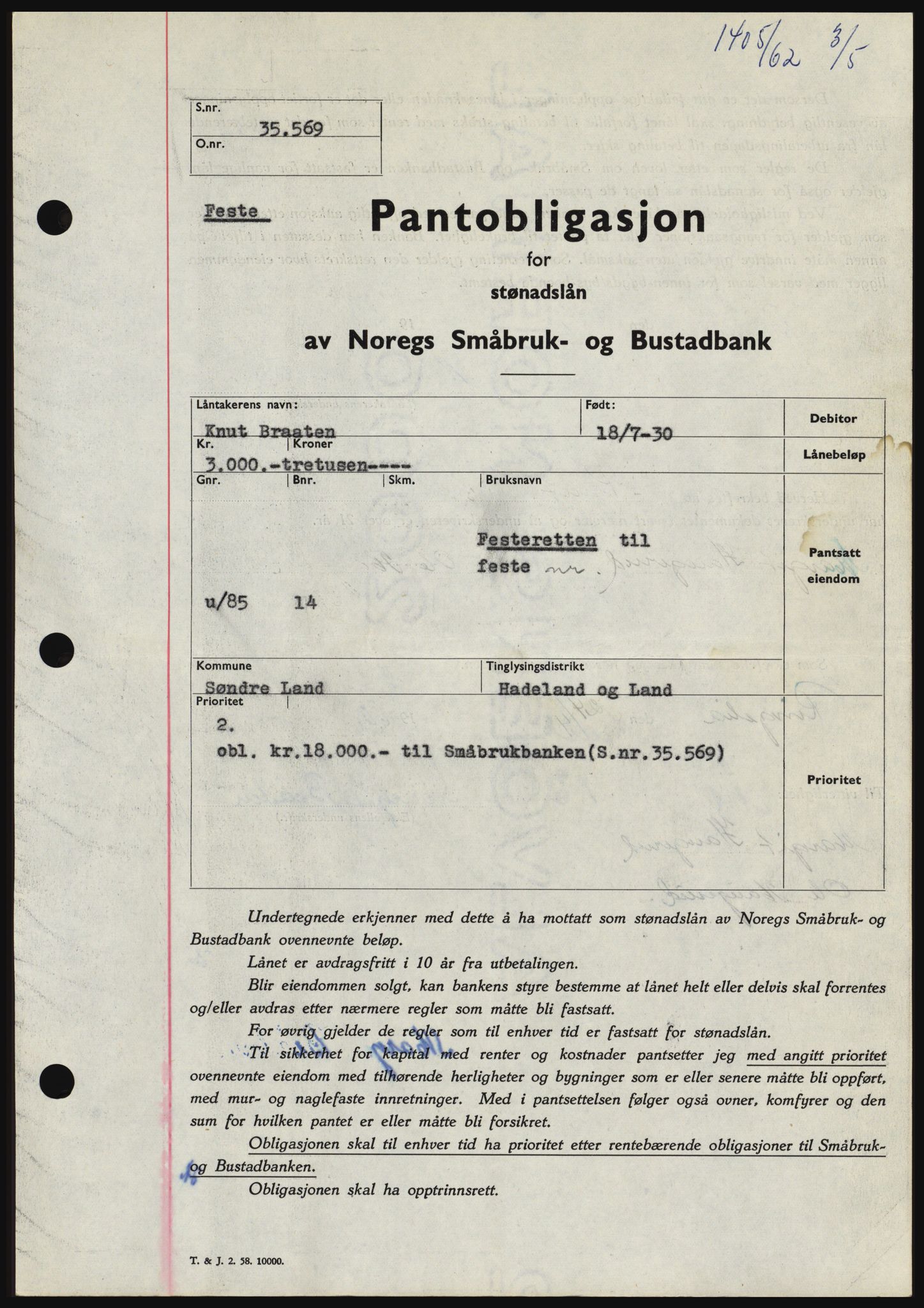 Hadeland og Land tingrett, SAH/TING-010/H/Hb/Hbc/L0048: Pantebok nr. B48, 1962-1962, Dagboknr: 1405/1962