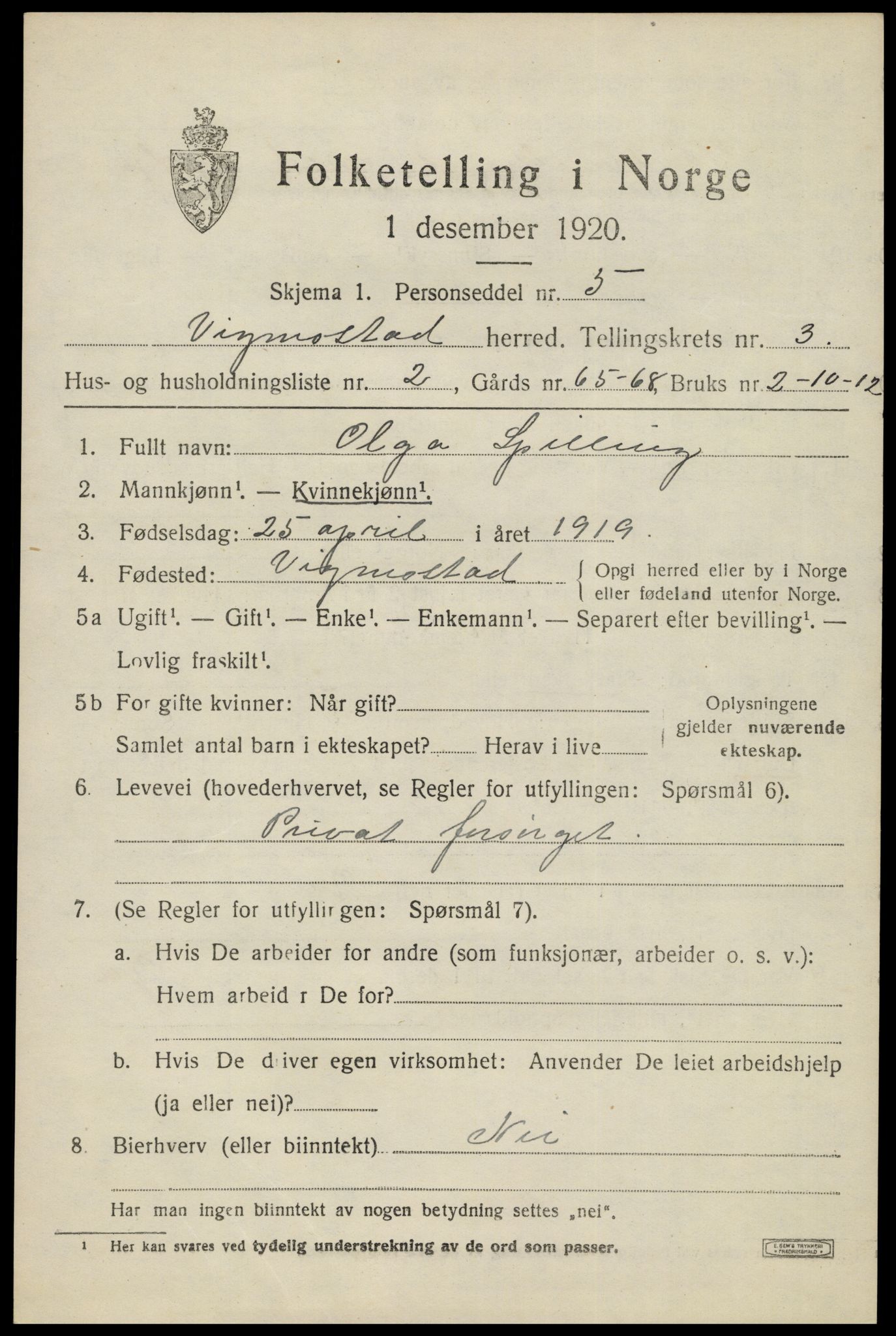 SAK, Folketelling 1920 for 1028 Vigmostad herred, 1920, s. 837