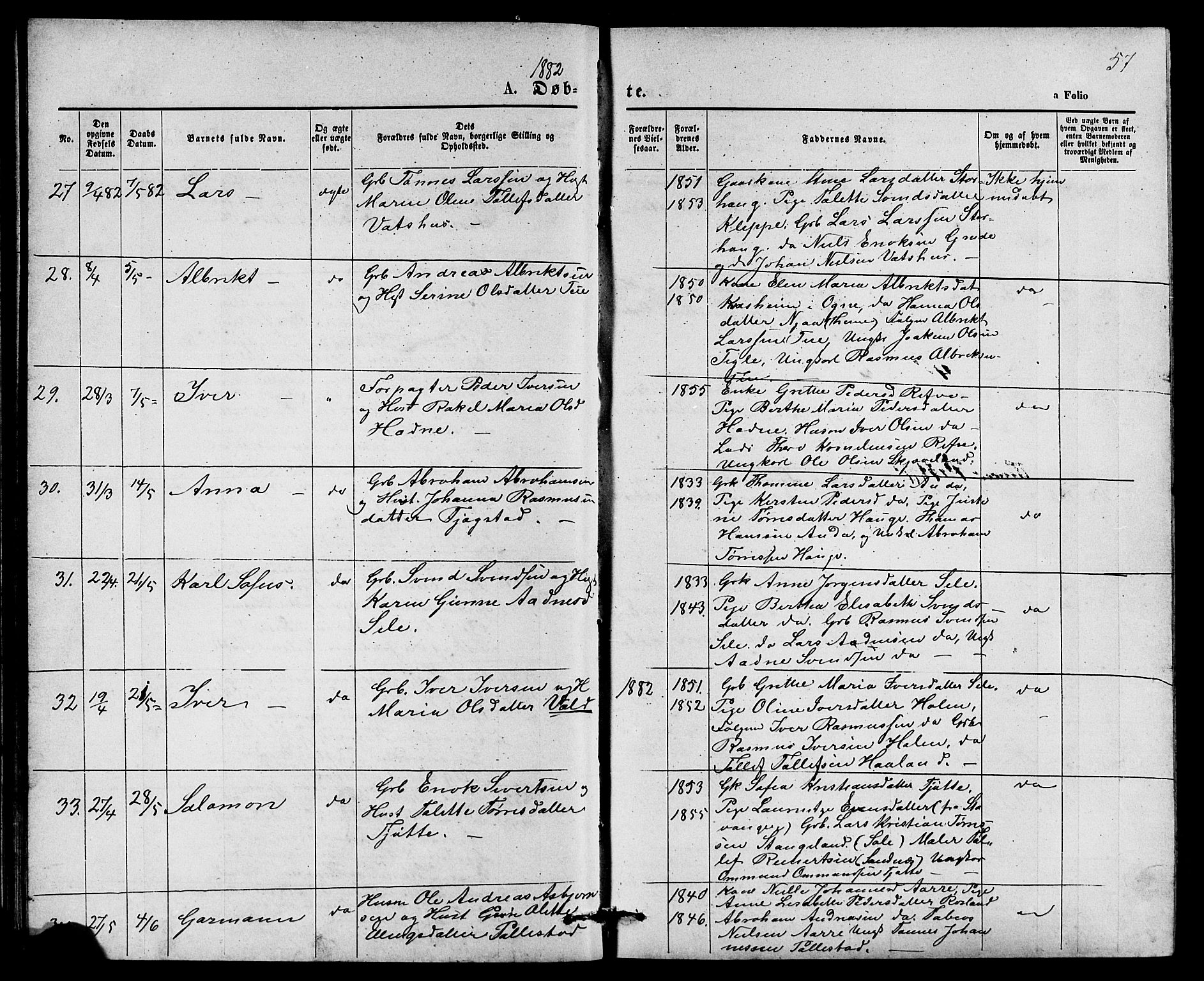 Klepp sokneprestkontor, AV/SAST-A-101803/001/3/30BB/L0003: Klokkerbok nr. B 3, 1876-1888, s. 57
