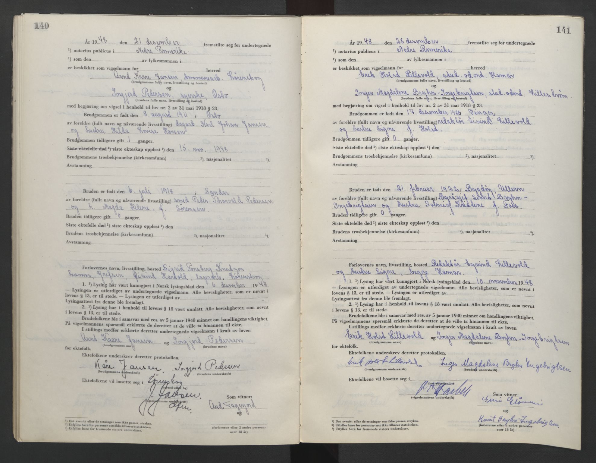 Nedre Romerike sorenskriveri, SAO/A-10469/L/Lb/L0007: Vigselsbok - borgerlige vielser, 1946-1950, s. 140-141