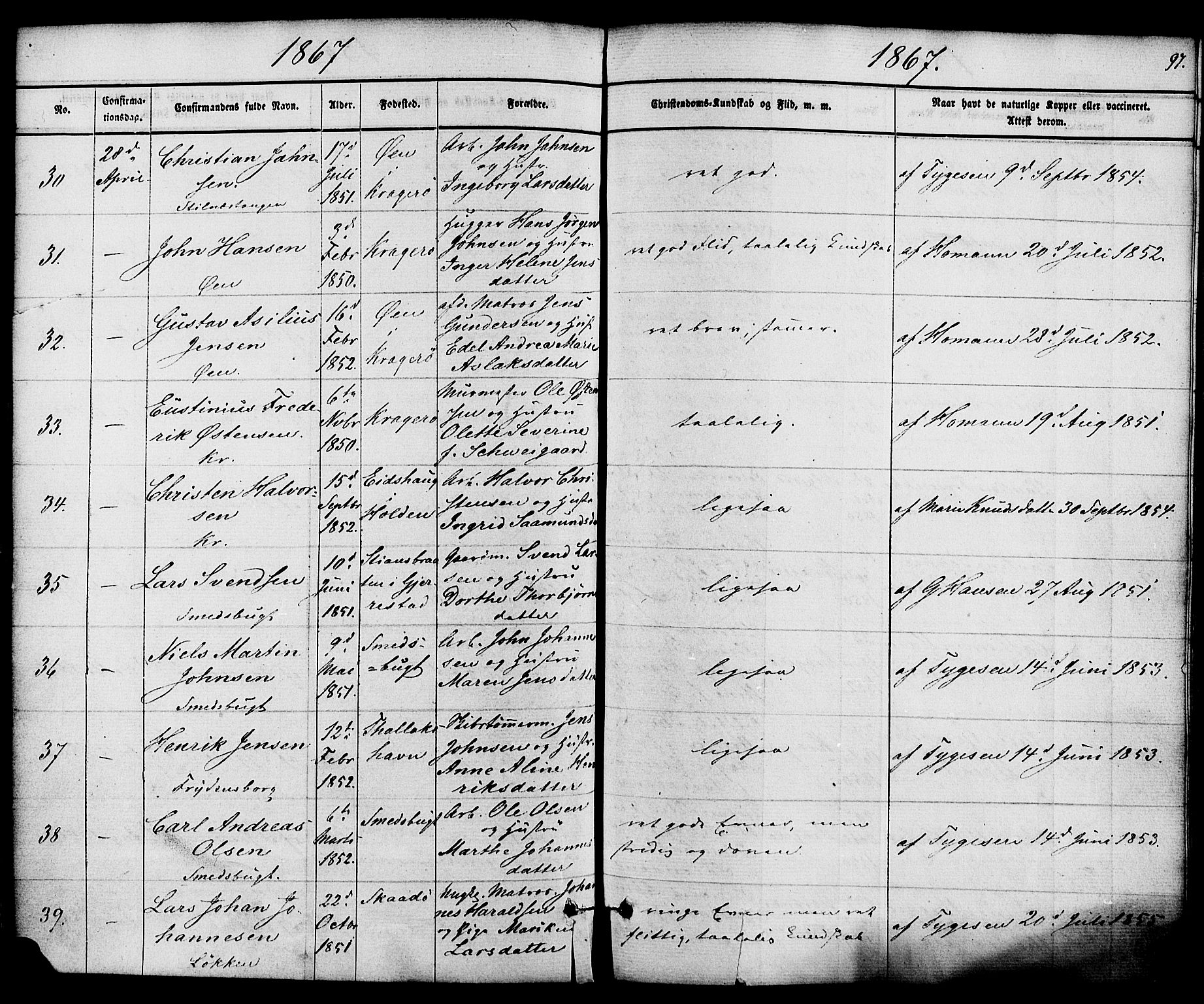 Kragerø kirkebøker, AV/SAKO-A-278/F/Fa/L0008: Ministerialbok nr. 8, 1856-1880, s. 97