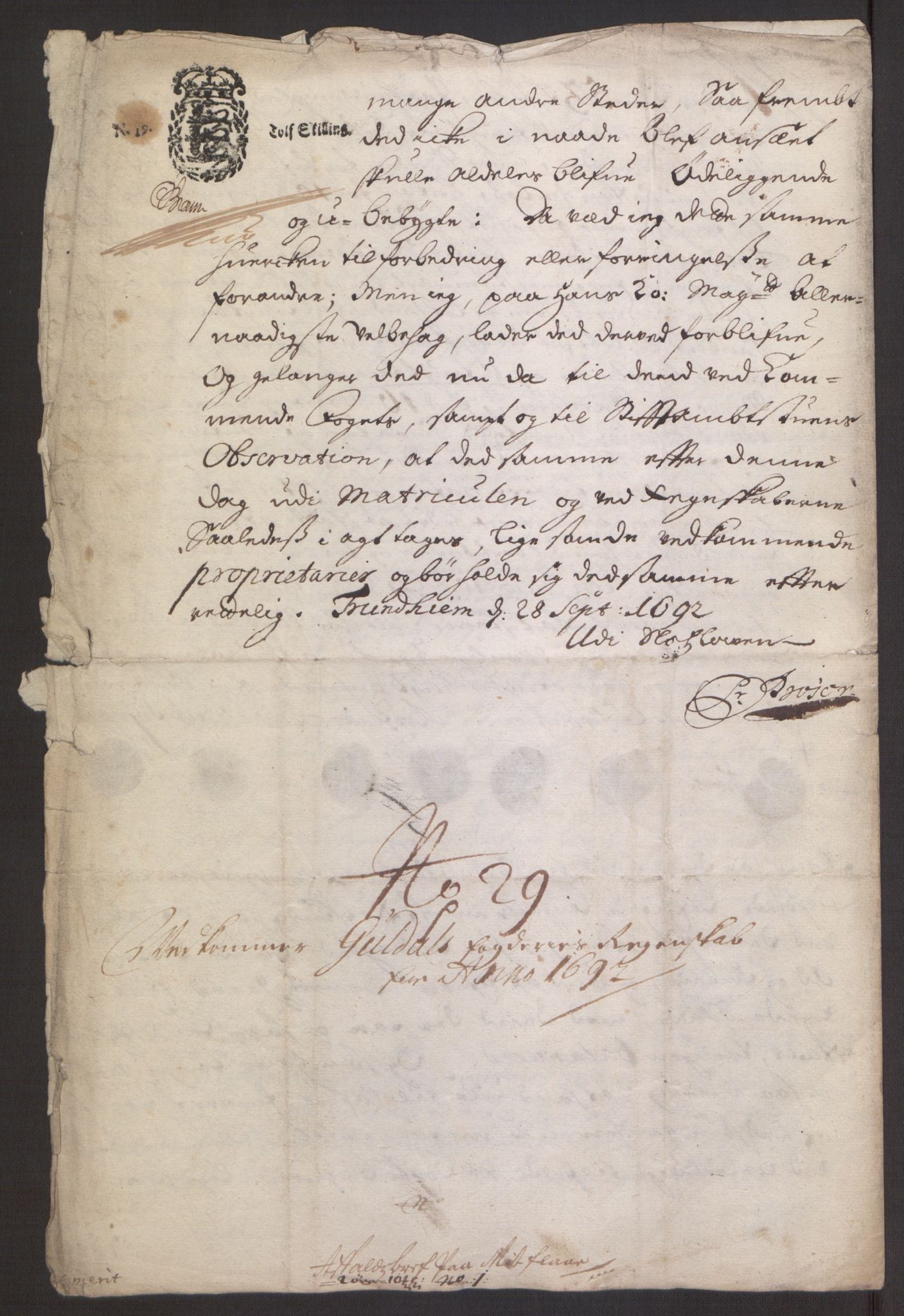 Rentekammeret inntil 1814, Reviderte regnskaper, Fogderegnskap, AV/RA-EA-4092/R59/L3942: Fogderegnskap Gauldal, 1692, s. 293