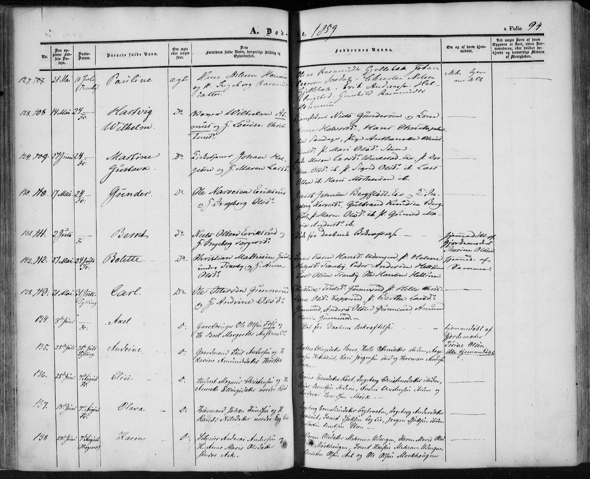 Lier kirkebøker, AV/SAKO-A-230/F/Fa/L0012: Ministerialbok nr. I 12, 1854-1864, s. 94