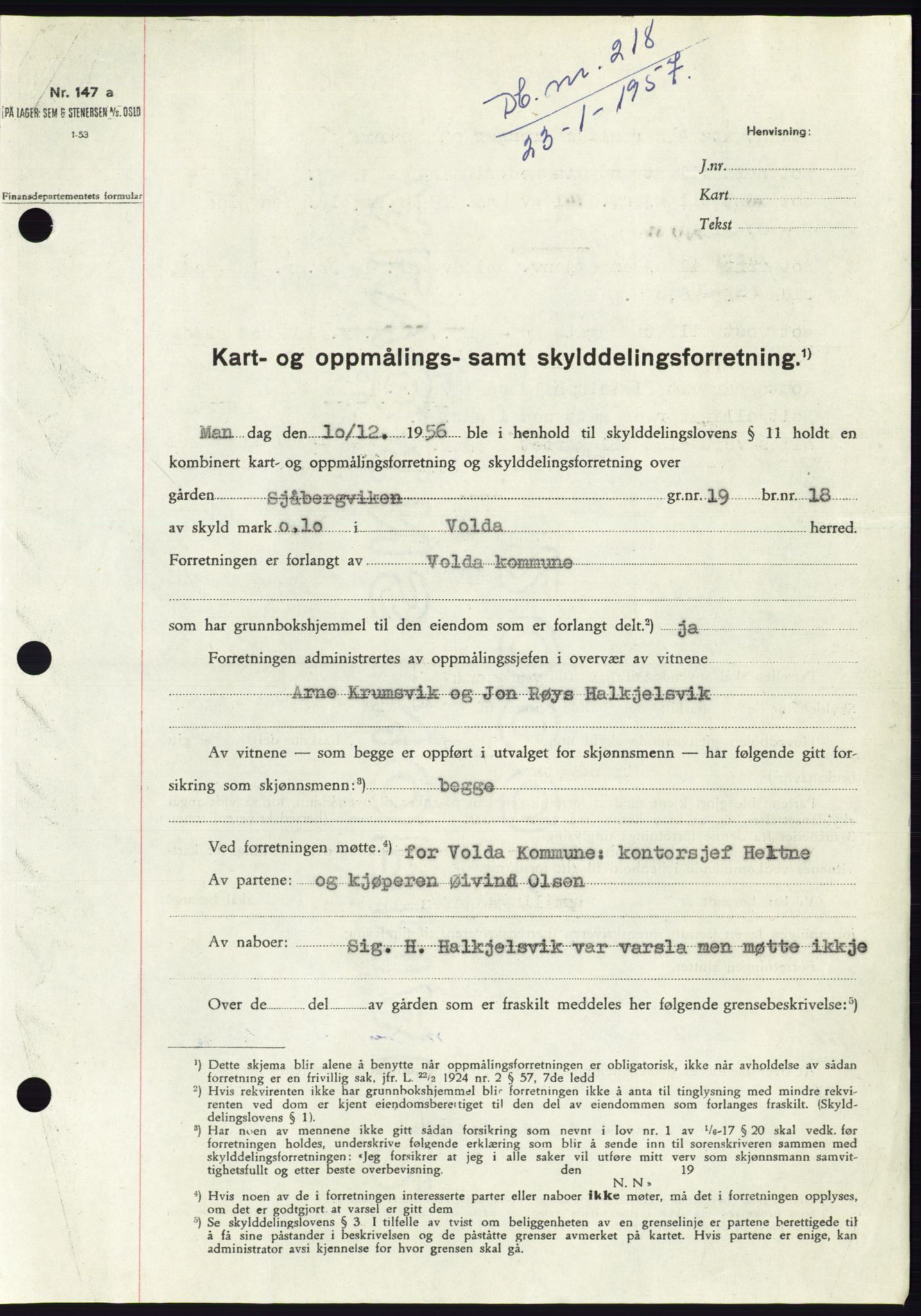 Søre Sunnmøre sorenskriveri, AV/SAT-A-4122/1/2/2C/L0105: Pantebok nr. 31A, 1956-1957, Dagboknr: 218/1957