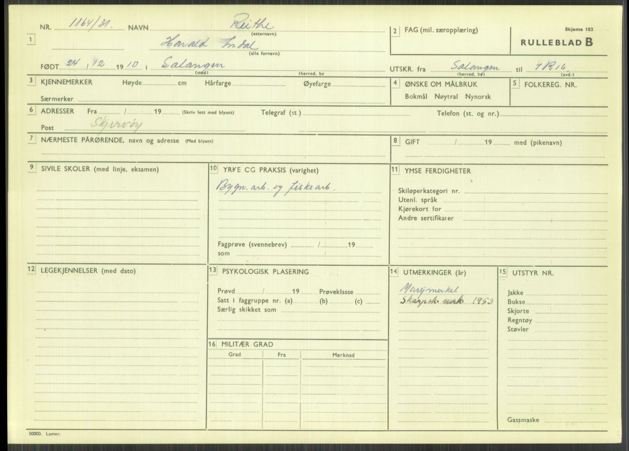 Forsvaret, Troms infanteriregiment nr. 16, AV/RA-RAFA-3146/P/Pa/L0015: Rulleblad for regimentets menige mannskaper, årsklasse 1931, 1931, s. 1023