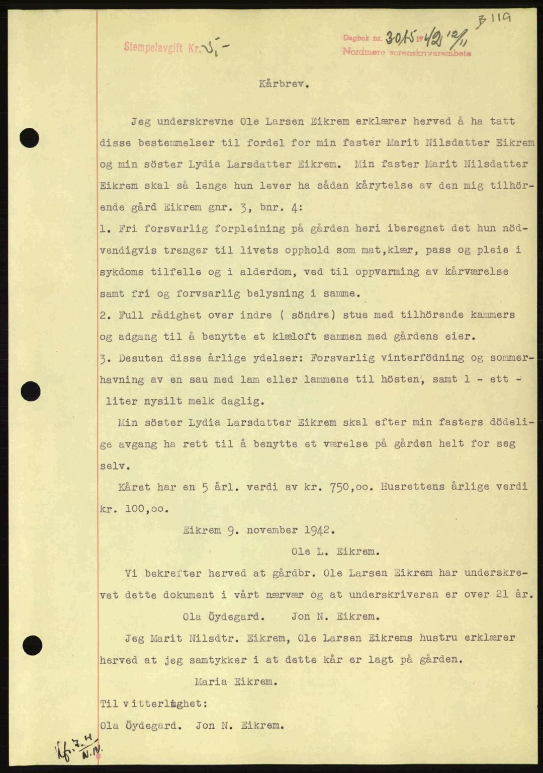 Nordmøre sorenskriveri, SAT/A-4132/1/2/2Ca: Pantebok nr. B90, 1942-1943, Dagboknr: 3015/1942