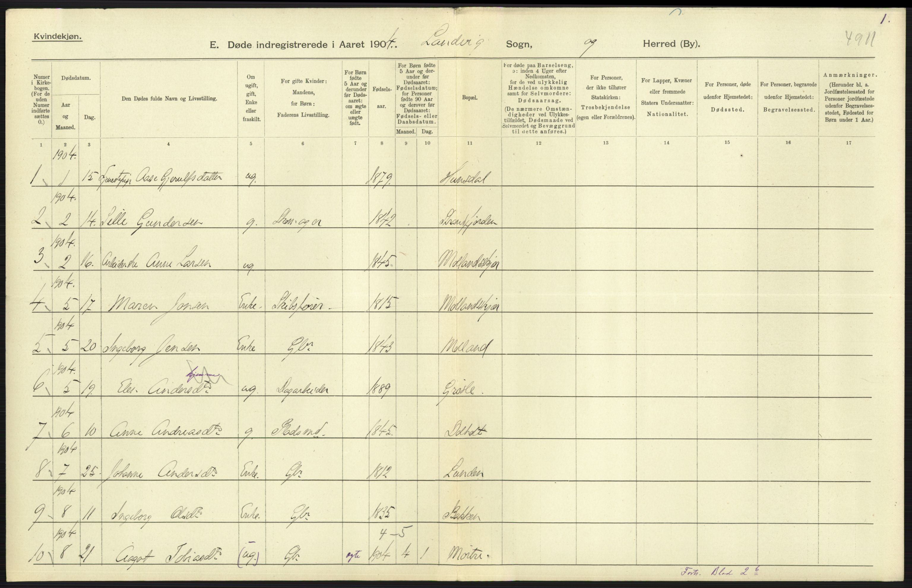 Statistisk sentralbyrå, Sosiodemografiske emner, Befolkning, AV/RA-S-2228/D/Df/Dfa/Dfab/L0010: Nedenes amt: Fødte, gifte, døde, 1904, s. 431