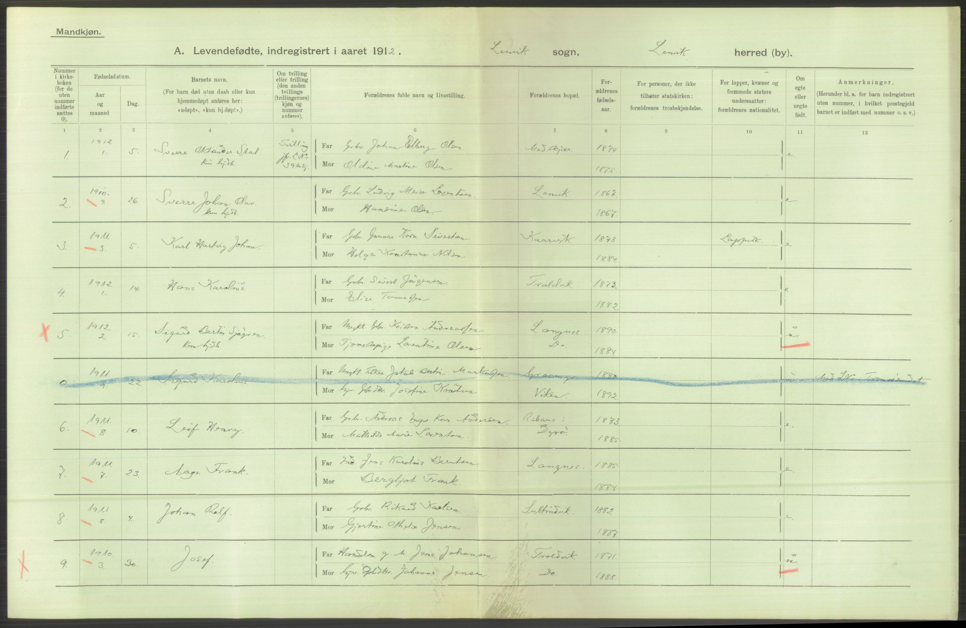 Statistisk sentralbyrå, Sosiodemografiske emner, Befolkning, AV/RA-S-2228/D/Df/Dfb/Dfbb/L0049: Tromsø amt: Levendefødte menn og kvinner. Bygder og byer., 1912, s. 144