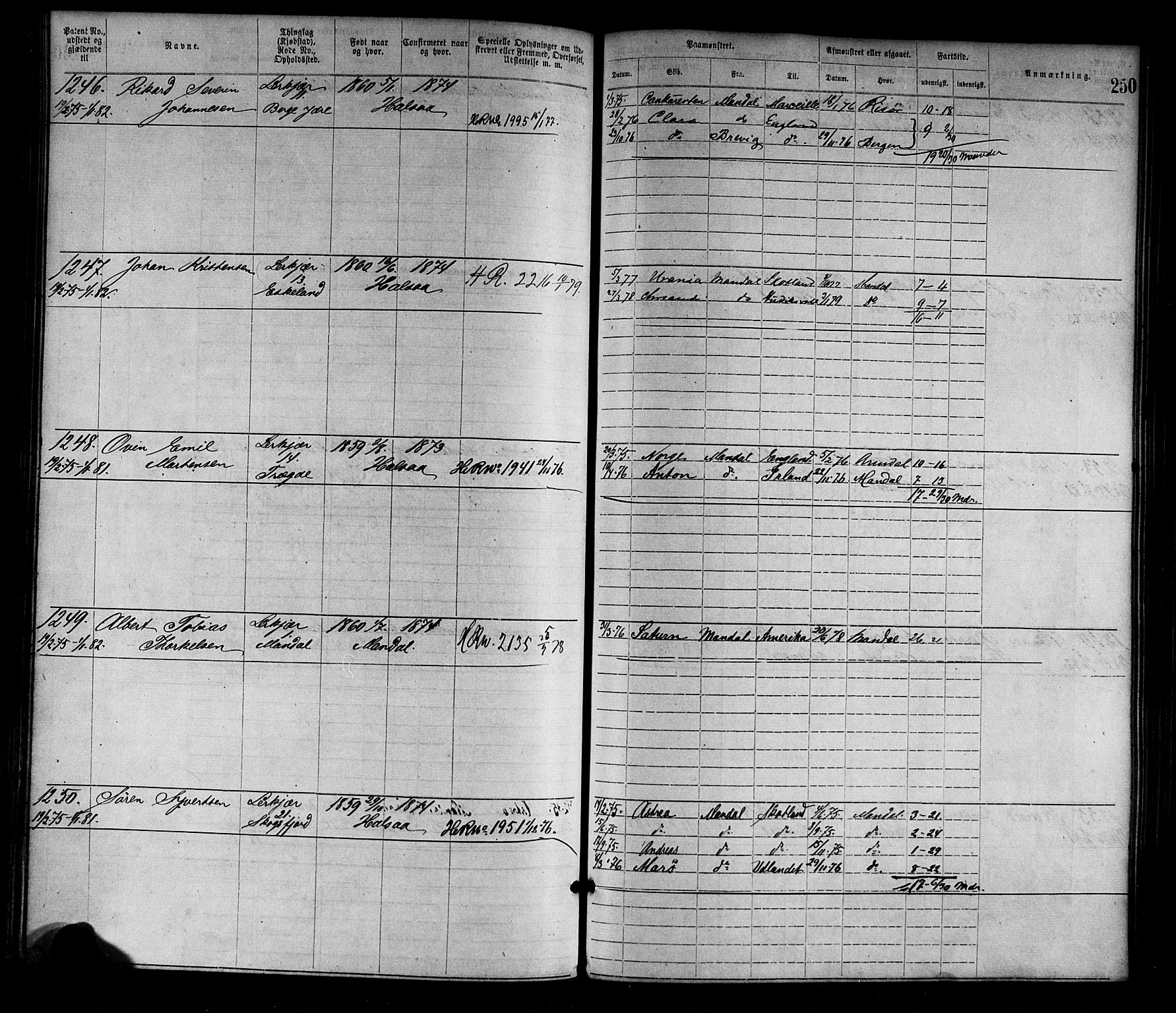 Mandal mønstringskrets, SAK/2031-0016/F/Fa/L0001: Annotasjonsrulle nr 1-1920 med register, L-3, 1869-1881, s. 285