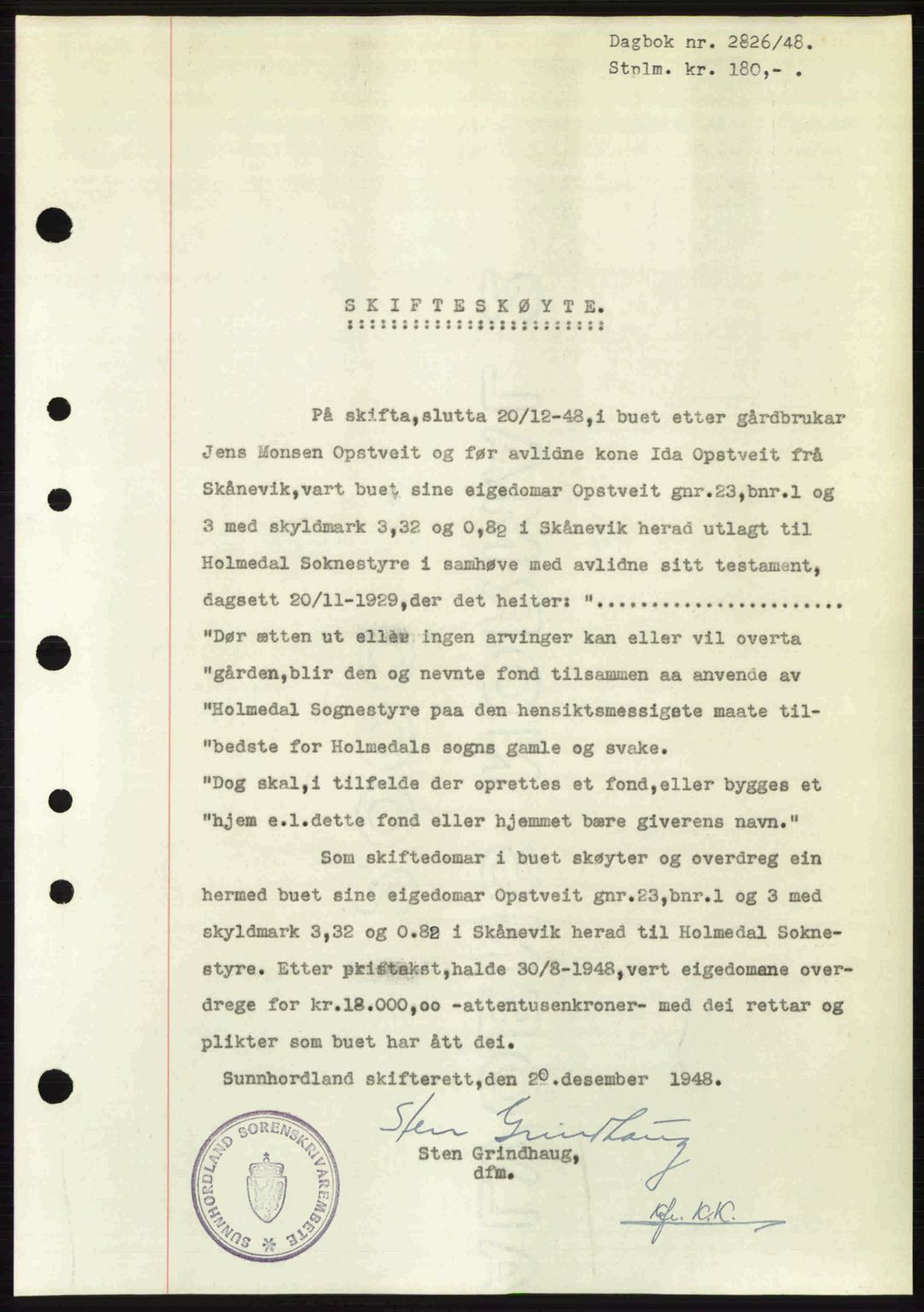 Sunnhordland sorenskrivar, AV/SAB-A-2401: Pantebok nr. A88, 1948-1949, Dagboknr: 2826/1948
