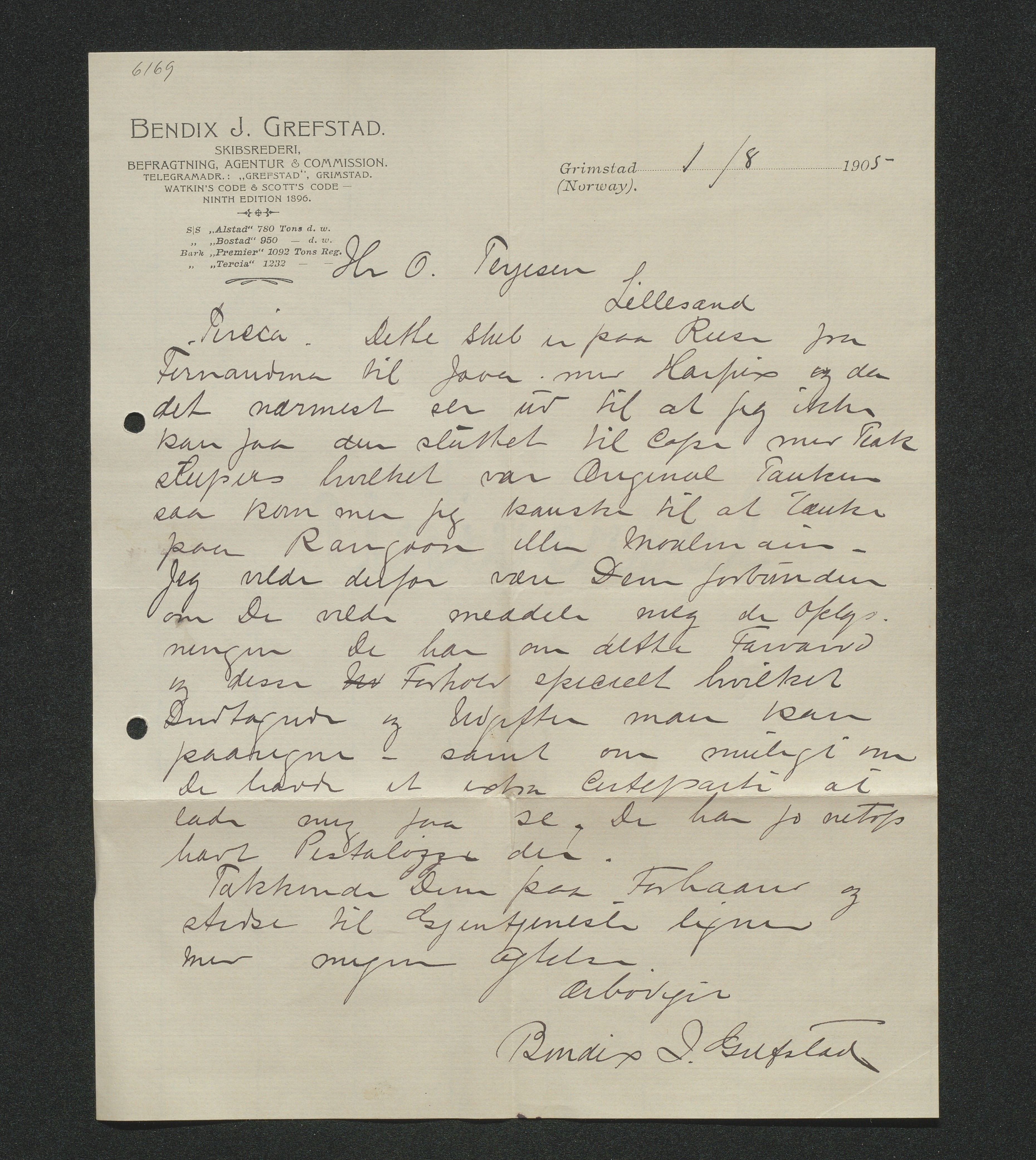 O. Terjesens rederi, AAKS/PA-2525/E/E01/L0013: Korrespondanse, 1904-1905