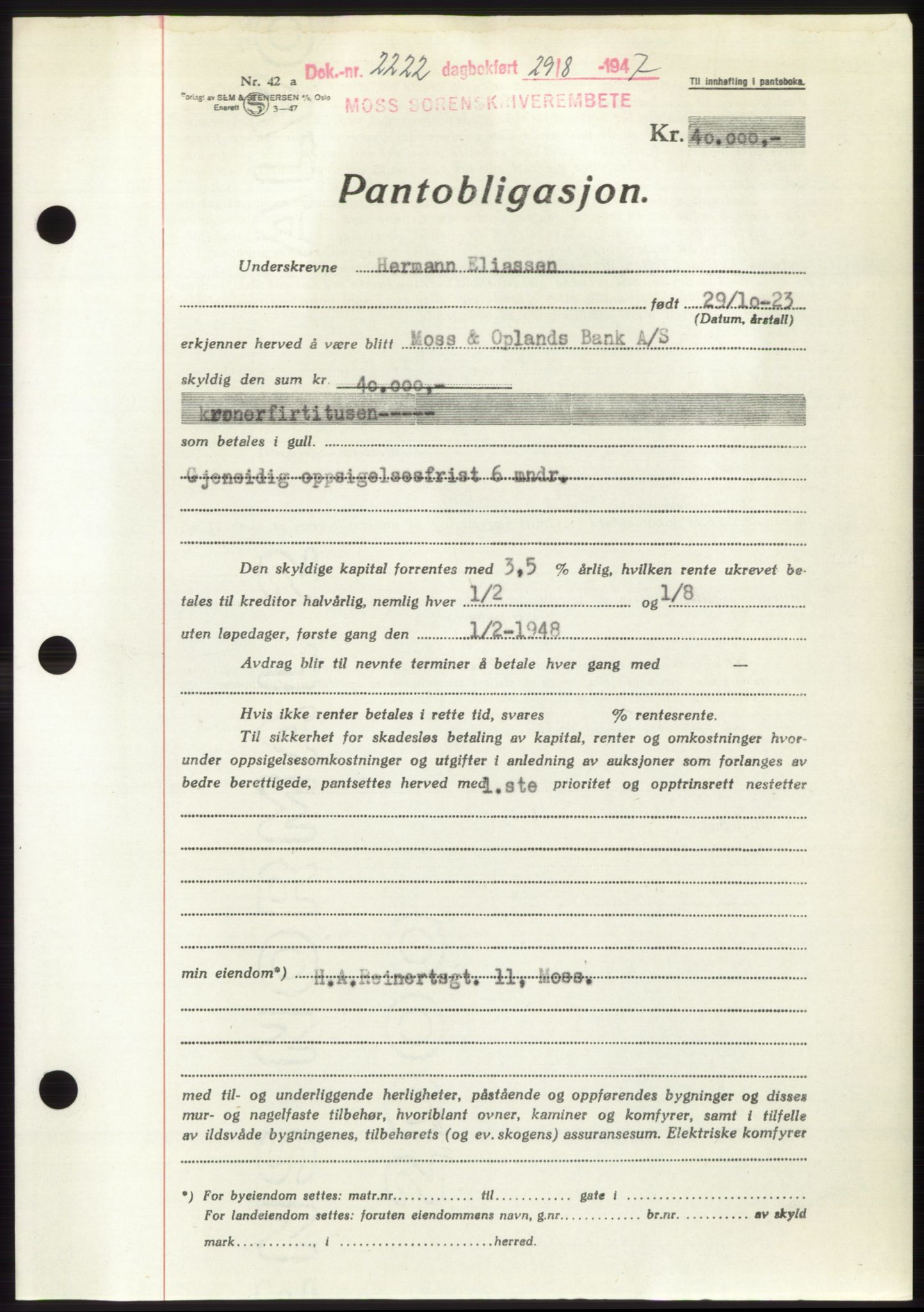 Moss sorenskriveri, SAO/A-10168: Pantebok nr. B17, 1947-1947, Dagboknr: 2222/1947