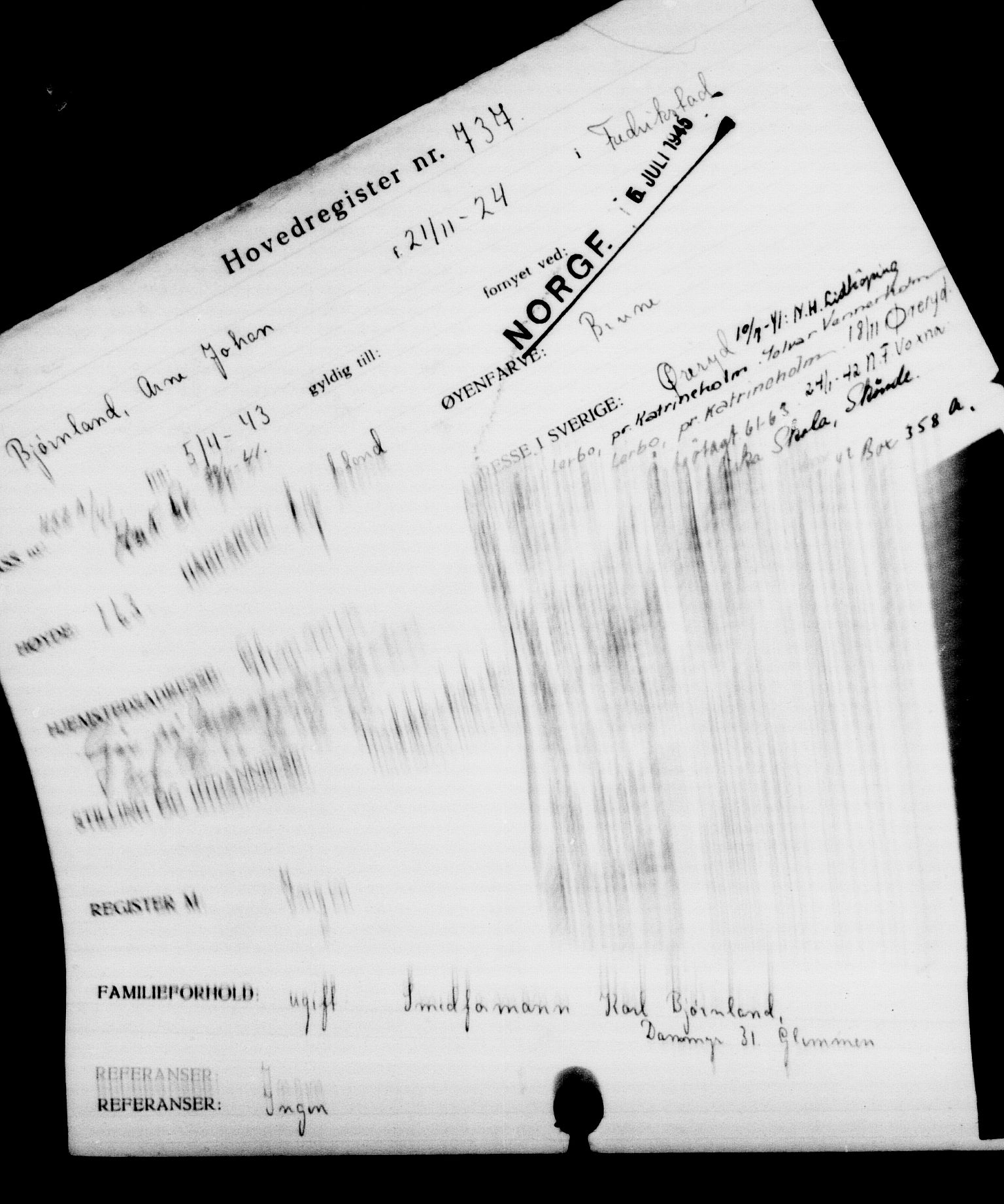 Utenriksstasjonene, Legasjonen i Stockholm, Flyktningkontoret, AV/RA-S-6753/V/Va/L0001: Kjesäterkartoteket, flyktninger med registreringsnr. 1-1000, 1940-1945, s. 1156