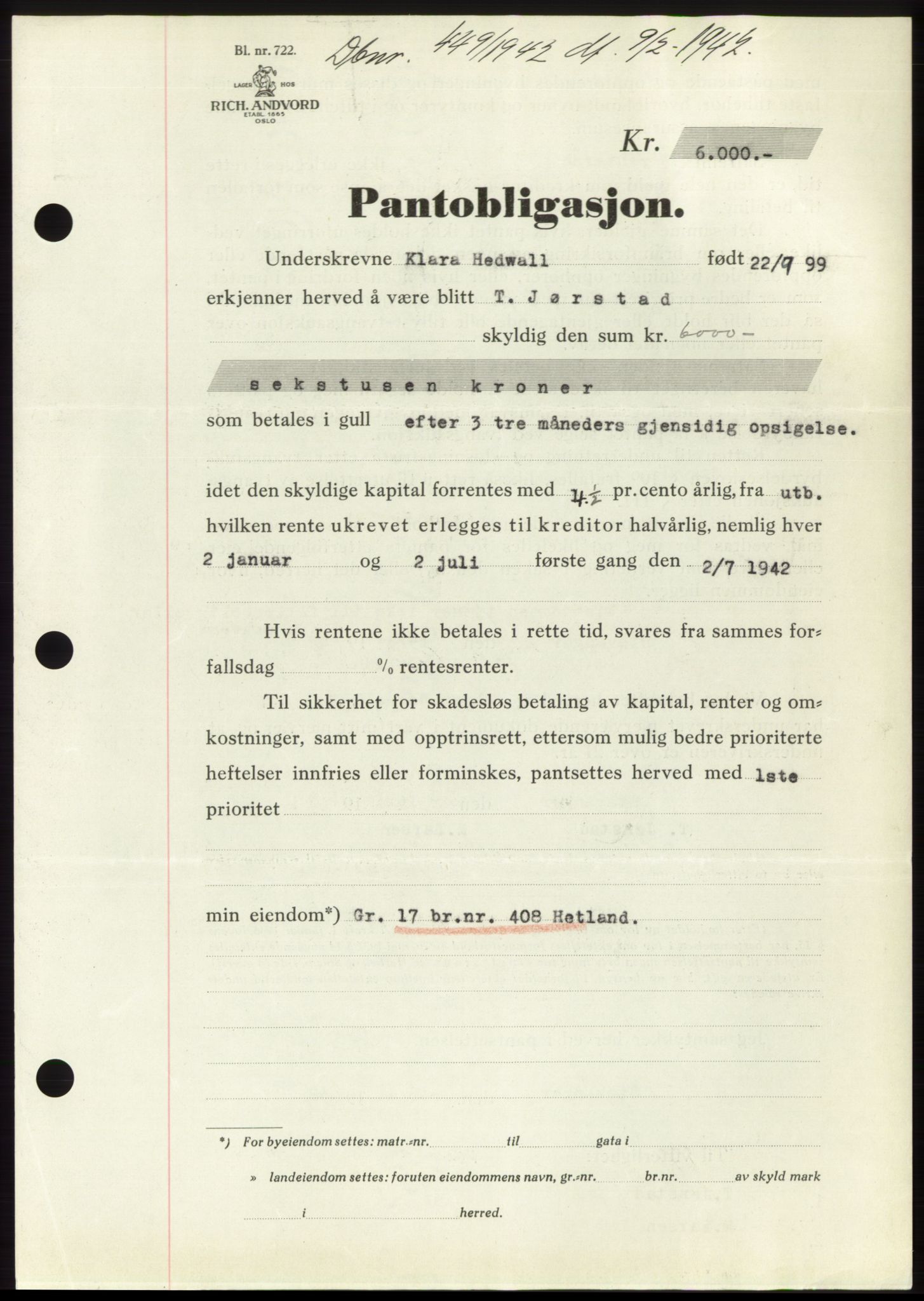 Jæren sorenskriveri, SAST/A-100310/03/G/Gba/L0082: Pantebok, 1942-1942, Dagboknr: 449/1942