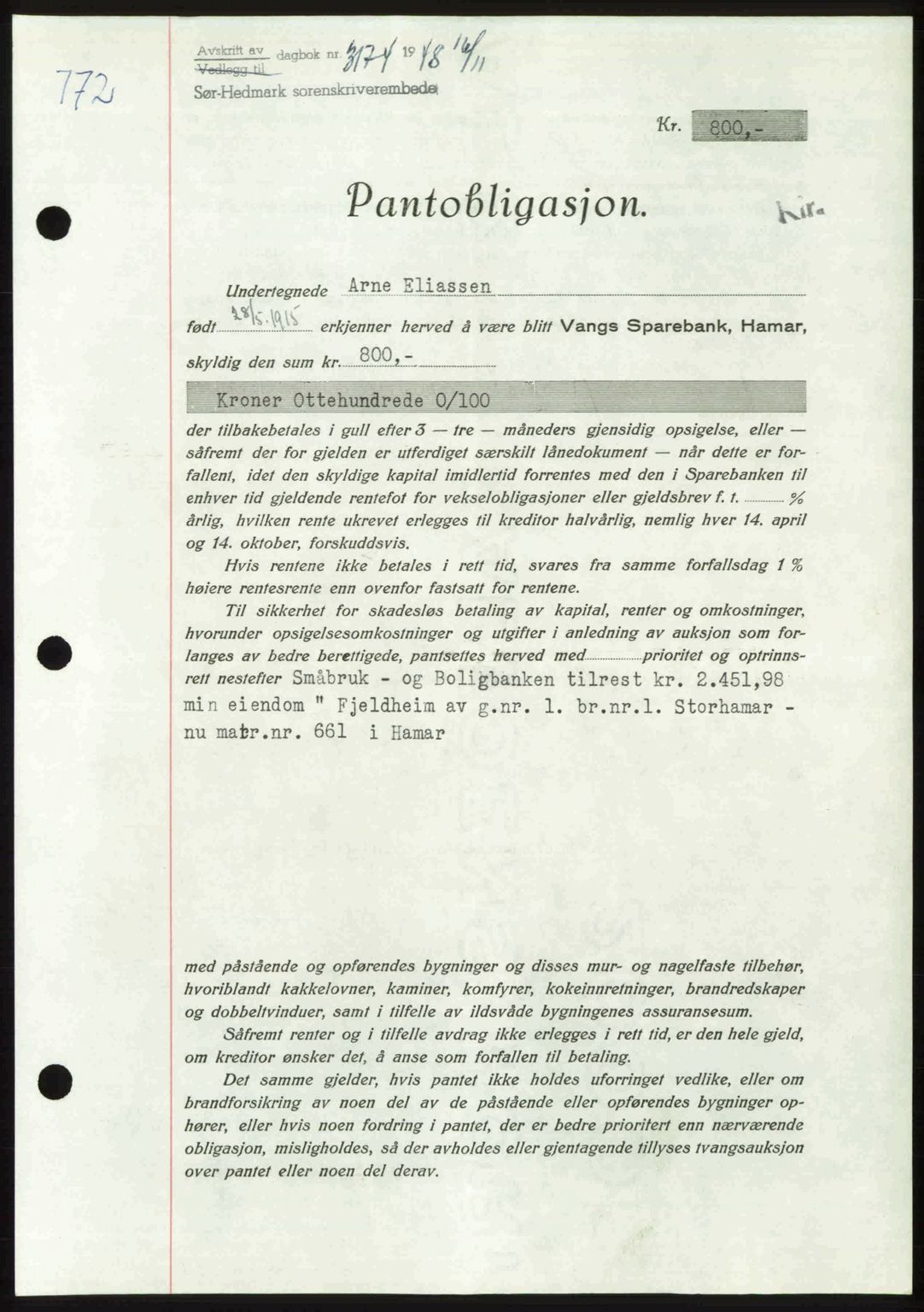 Sør-Hedmark sorenskriveri, SAH/TING-014/H/Hb/Hbd/L0018: Pantebok nr. 18, 1948-1949, Dagboknr: 3174/1948