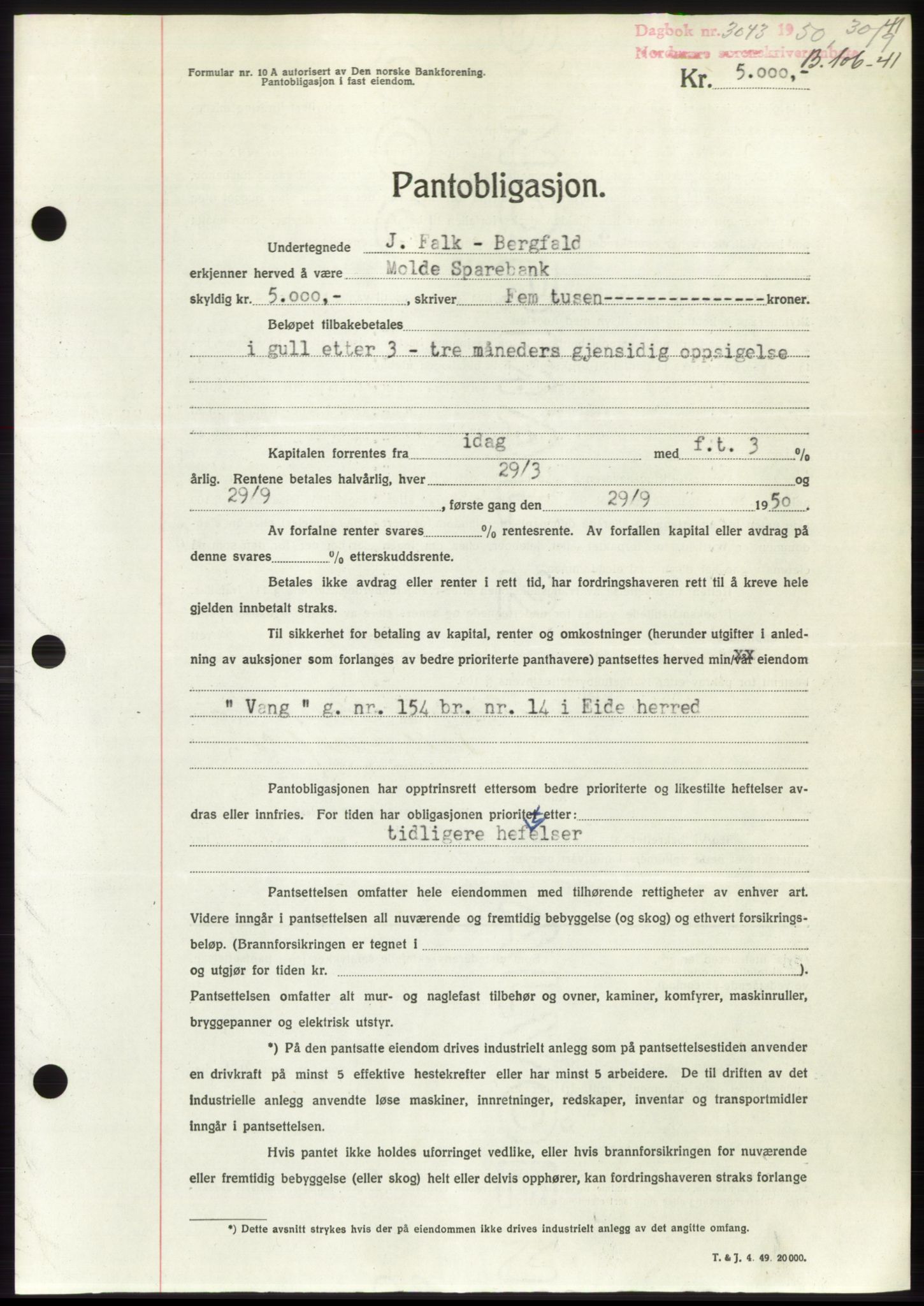 Nordmøre sorenskriveri, AV/SAT-A-4132/1/2/2Ca: Pantebok nr. B106, 1950-1950, Dagboknr: 3043/1950